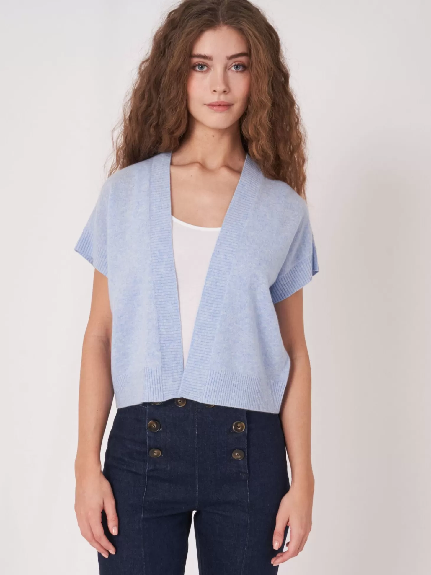REPEAT cashmere Cardigan Court Et Ouvert A Col V Sur Le Dos Sky Clearance