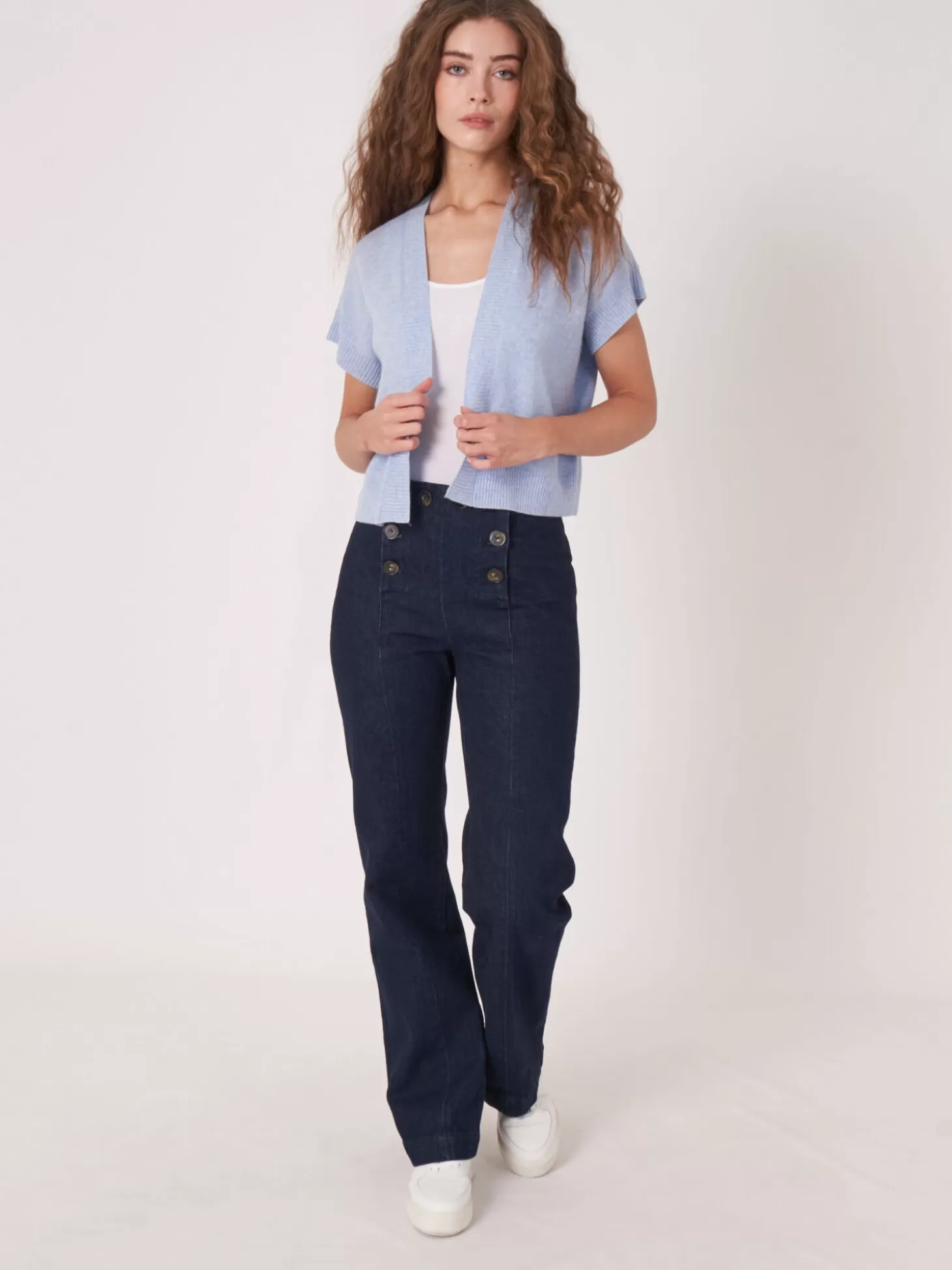 REPEAT cashmere Cardigan Court Et Ouvert A Col V Sur Le Dos Sky Clearance