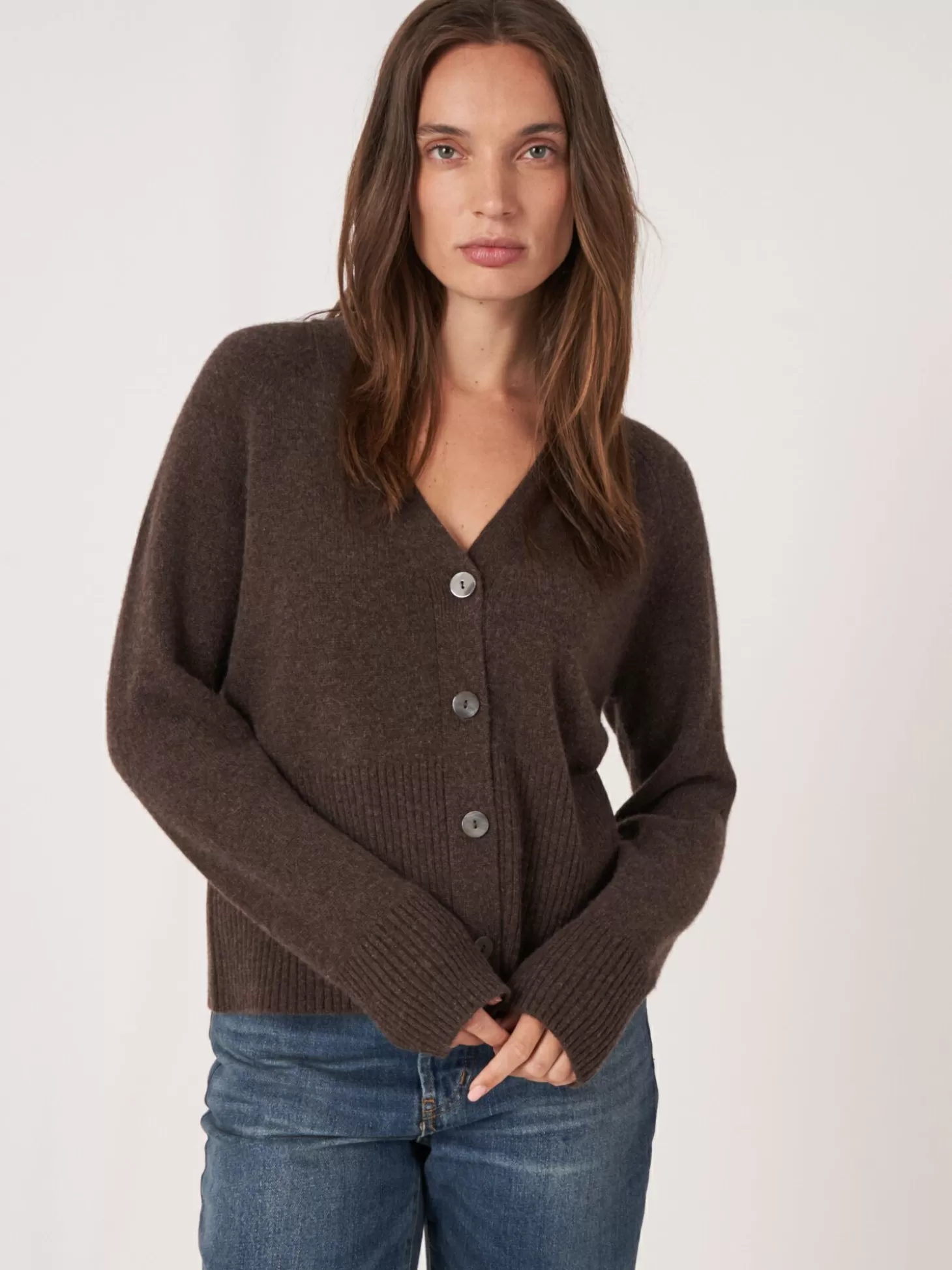 REPEAT cashmere Cardigan En Cachemire Avec Col En V Cotele Chocolate Clearance