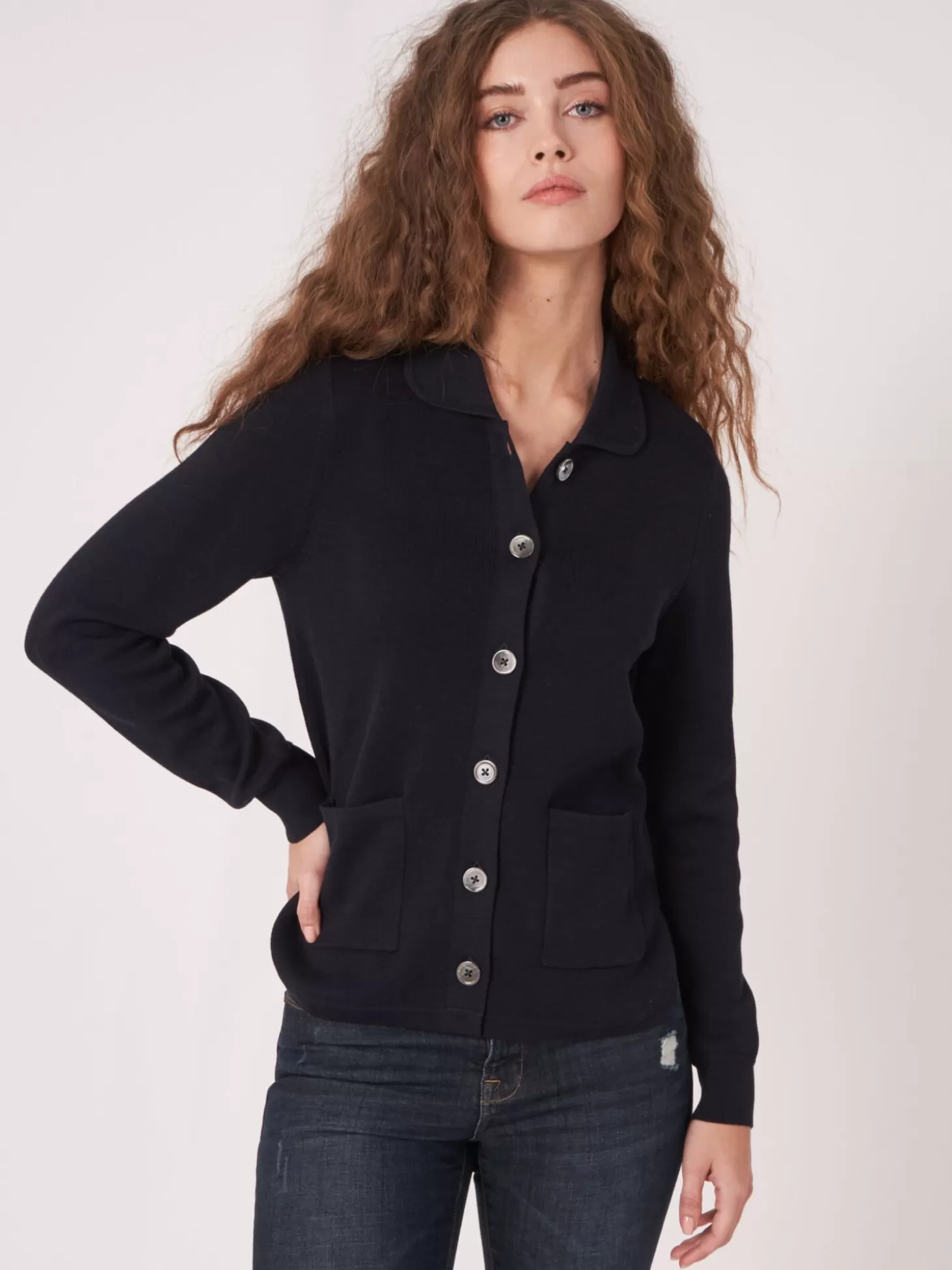 REPEAT cashmere Cardigan En Double Maille Fine A Col Chemise Et Poches Navy Fashion