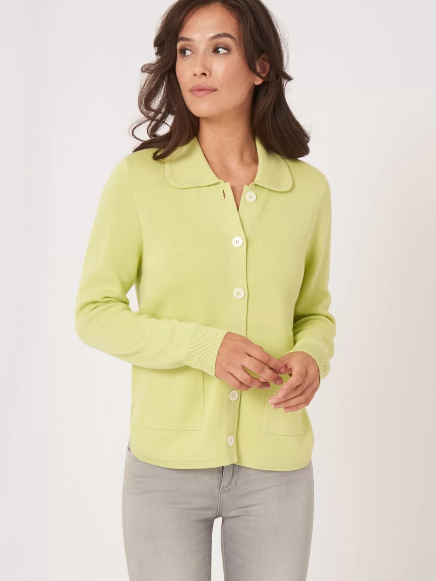 REPEAT cashmere Cardigan En Double Maille Fine A Col Chemise Et Poches Soda Best Sale