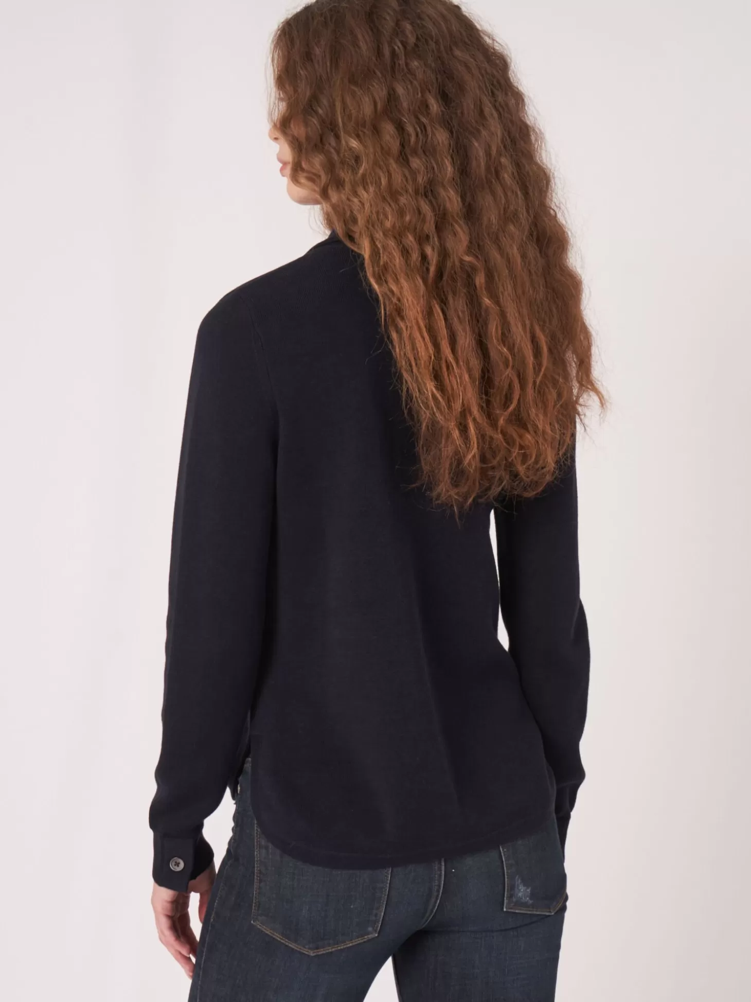REPEAT cashmere Cardigan En Double Maille Fine A Col Chemise Et Poches Navy Fashion
