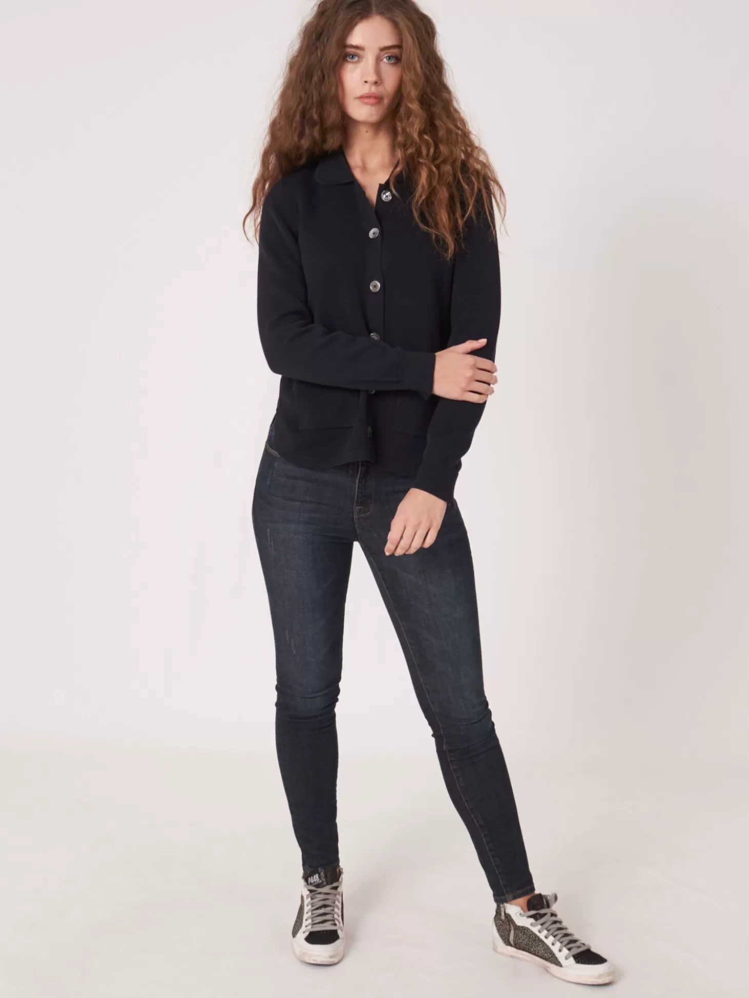 REPEAT cashmere Cardigan En Double Maille Fine A Col Chemise Et Poches Navy Fashion