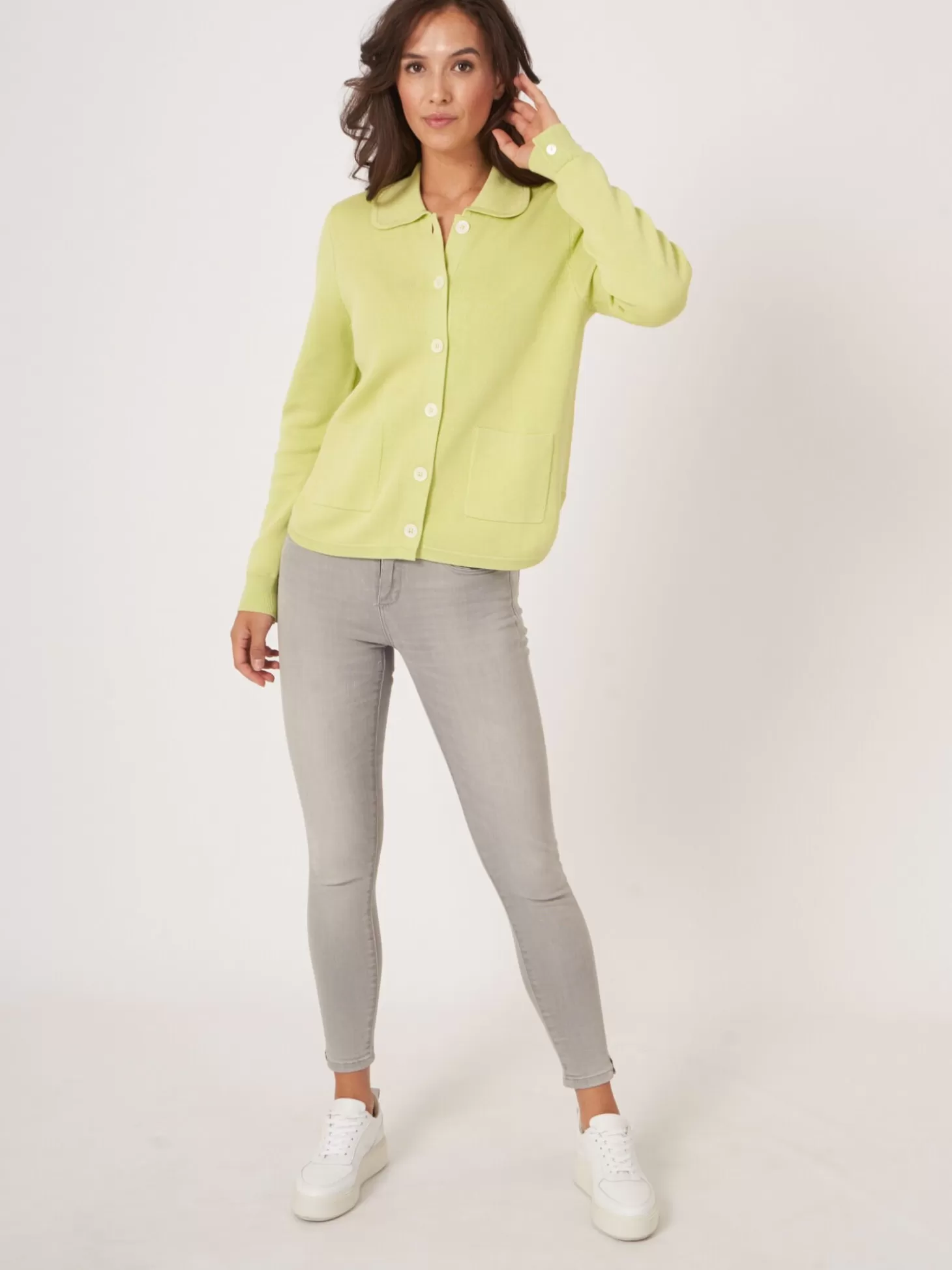 REPEAT cashmere Cardigan En Double Maille Fine A Col Chemise Et Poches Soda Best Sale