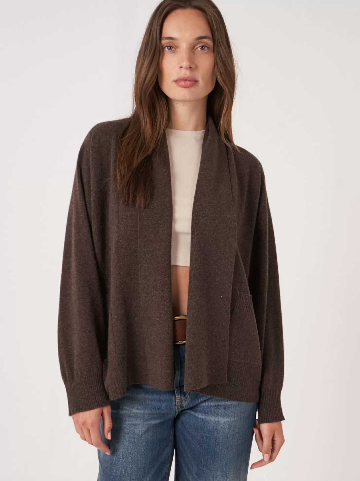 REPEAT cashmere Cardigan Ouvert En Cachemire A Col Chale Avec Poches Chocolate Fashion