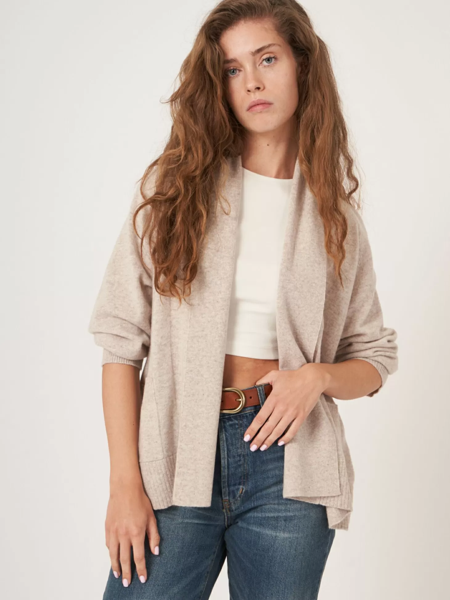 REPEAT cashmere Cardigan Ouvert En Cachemire A Col Chale Avec Poches Beige Sale