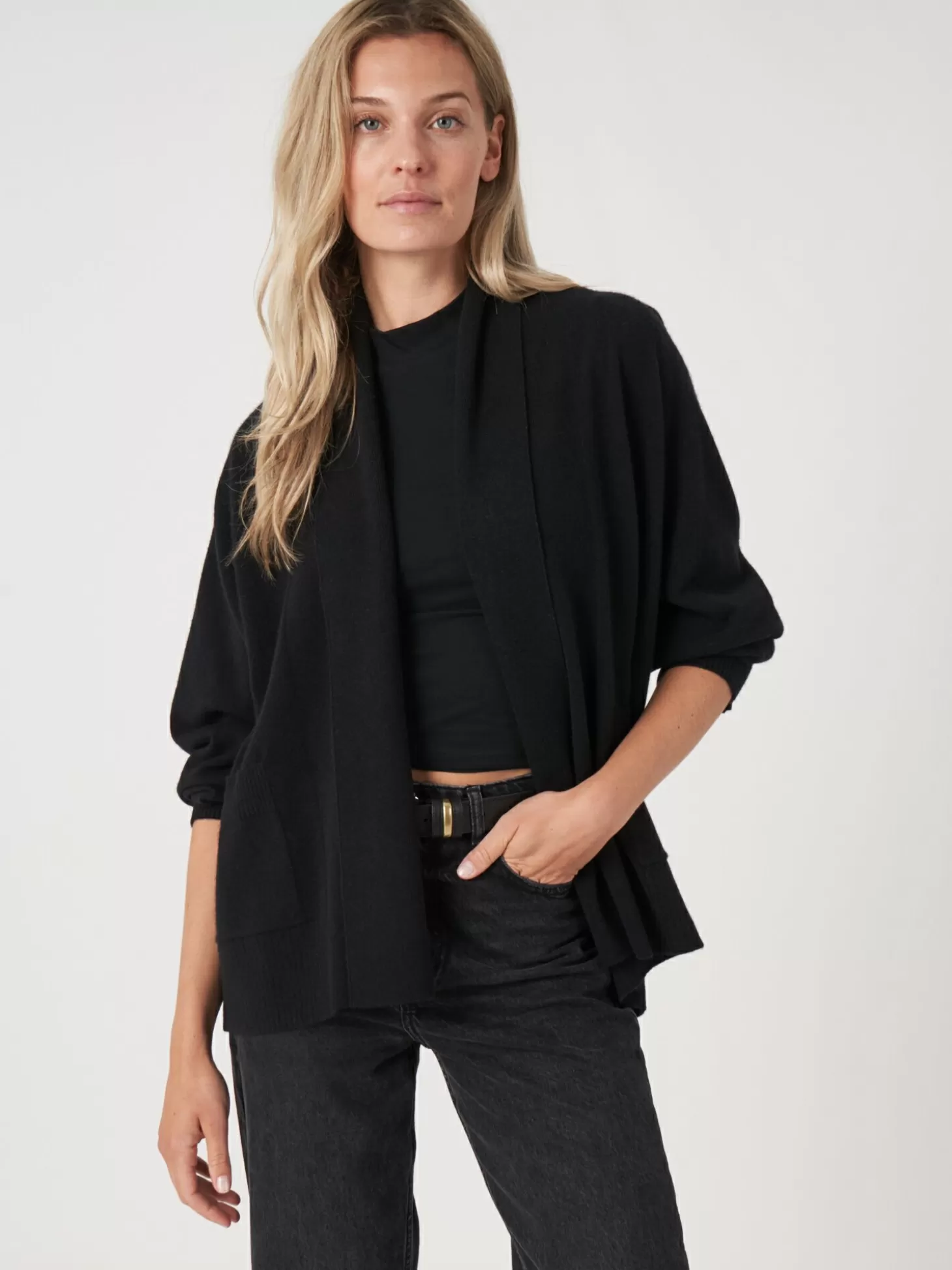 REPEAT cashmere Cardigan Ouvert En Cachemire A Col Chale Avec Poches Black Best