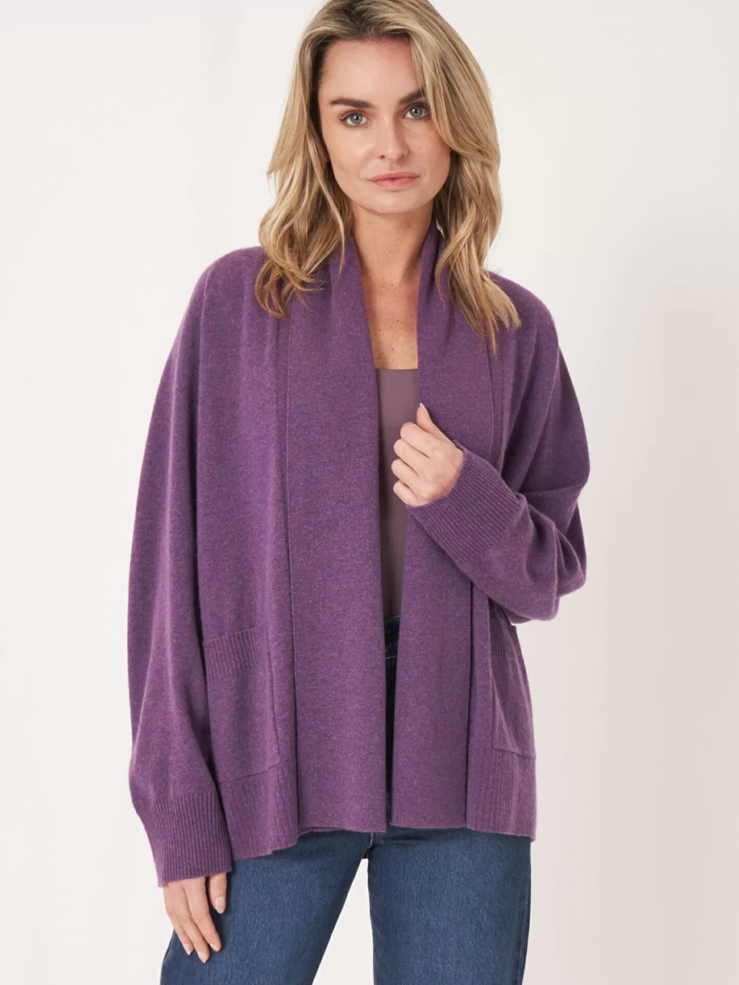 REPEAT cashmere Cardigan Ouvert En Cachemire A Col Chale Avec Poches Amethyst Cheap