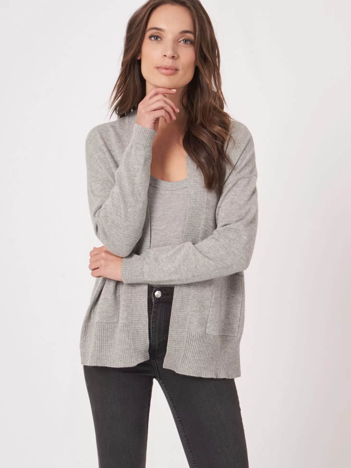 REPEAT cashmere Cardigan Ouvert En Cachemire Et Soie Melanges Avec Poches Sur Le Devant Silver Grey Best