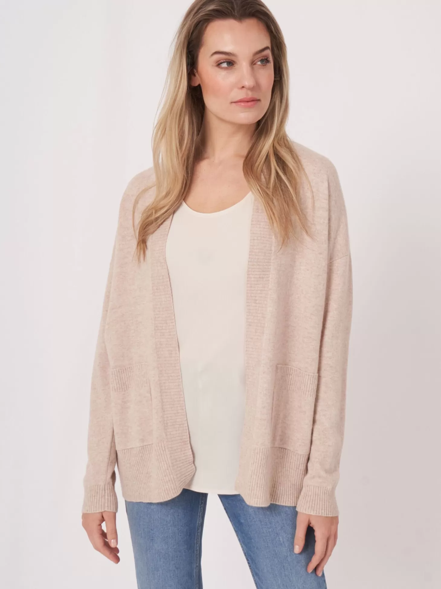 REPEAT cashmere Cardigan Ouvert En Cachemire Et Soie Melanges Avec Poches Sur Le Devant Beige Sale