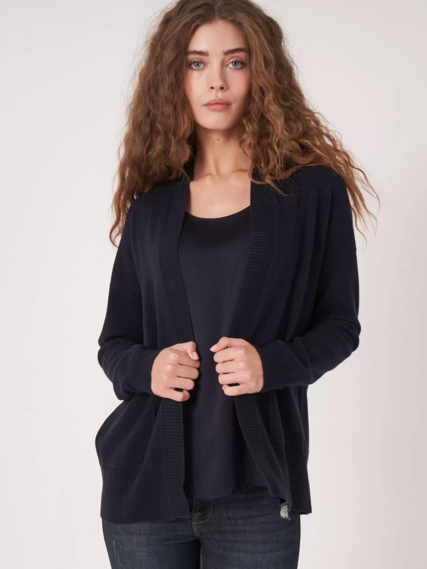 REPEAT cashmere Cardigan Ouvert En Cachemire Et Soie Melanges Avec Poches Sur Le Devant Navy Cheap