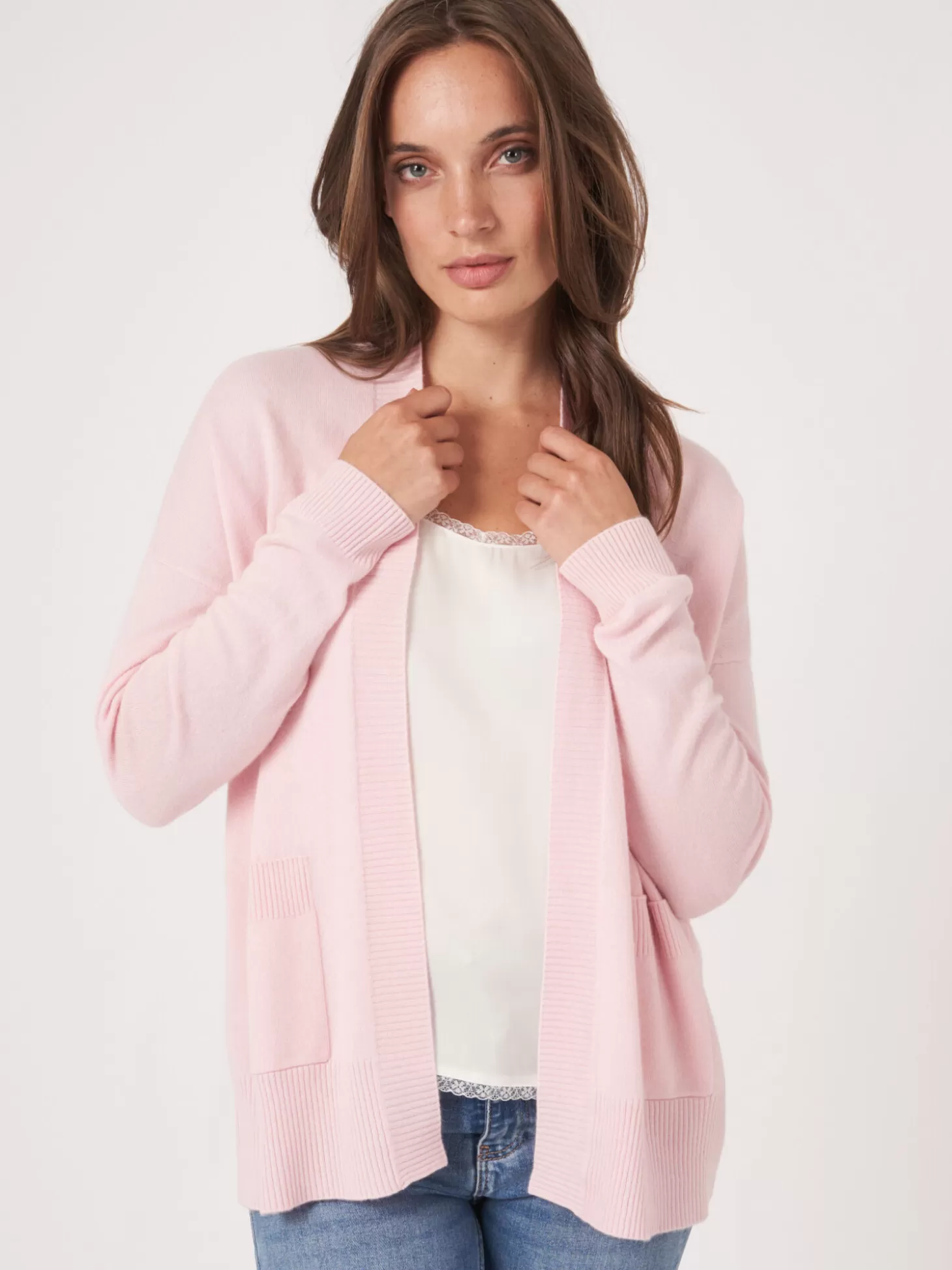 REPEAT cashmere Cardigan Ouvert En Cachemire Et Soie Melanges Avec Poches Sur Le Devant Rose Best Sale