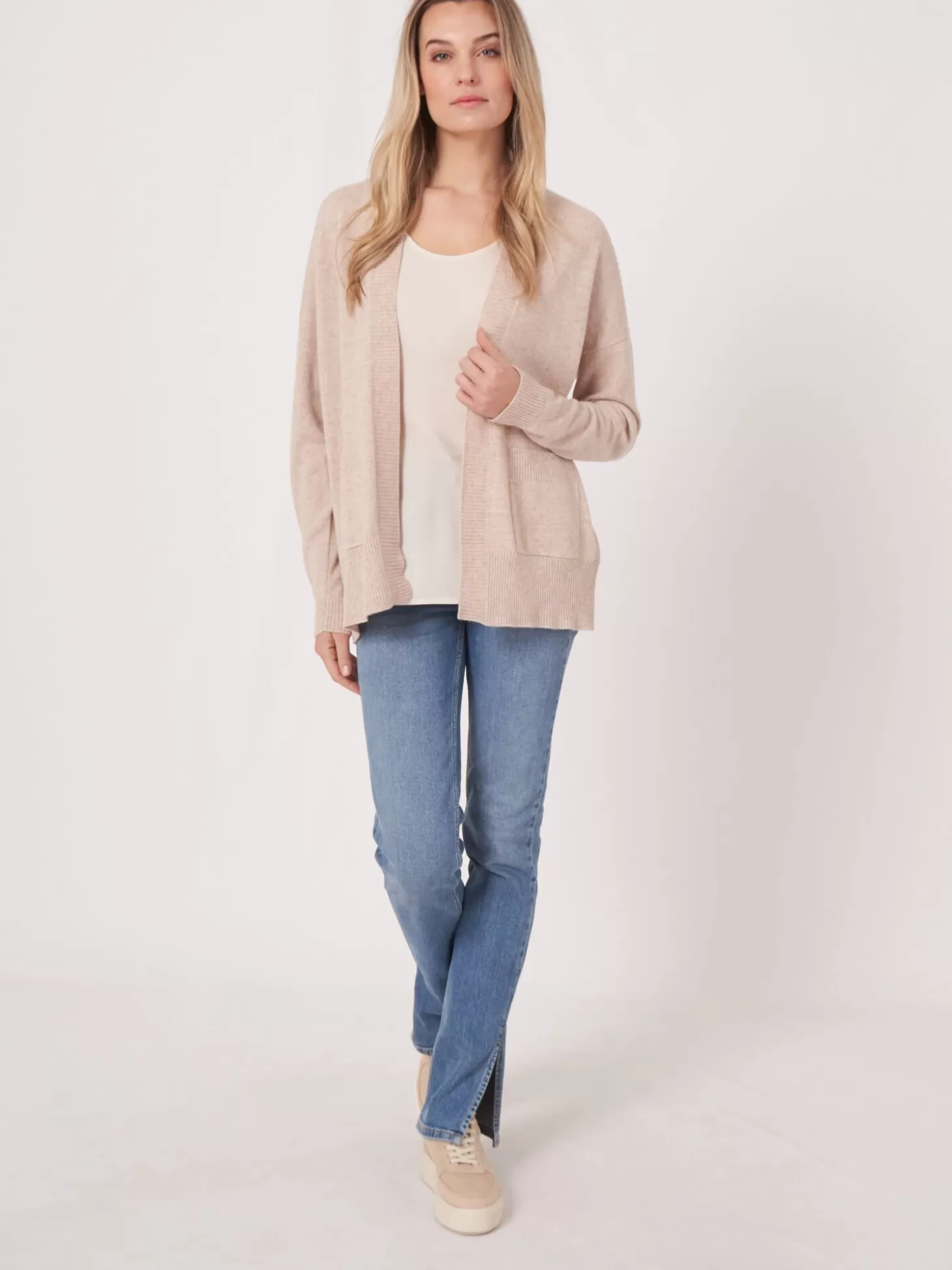 REPEAT cashmere Cardigan Ouvert En Cachemire Et Soie Melanges Avec Poches Sur Le Devant Beige Sale
