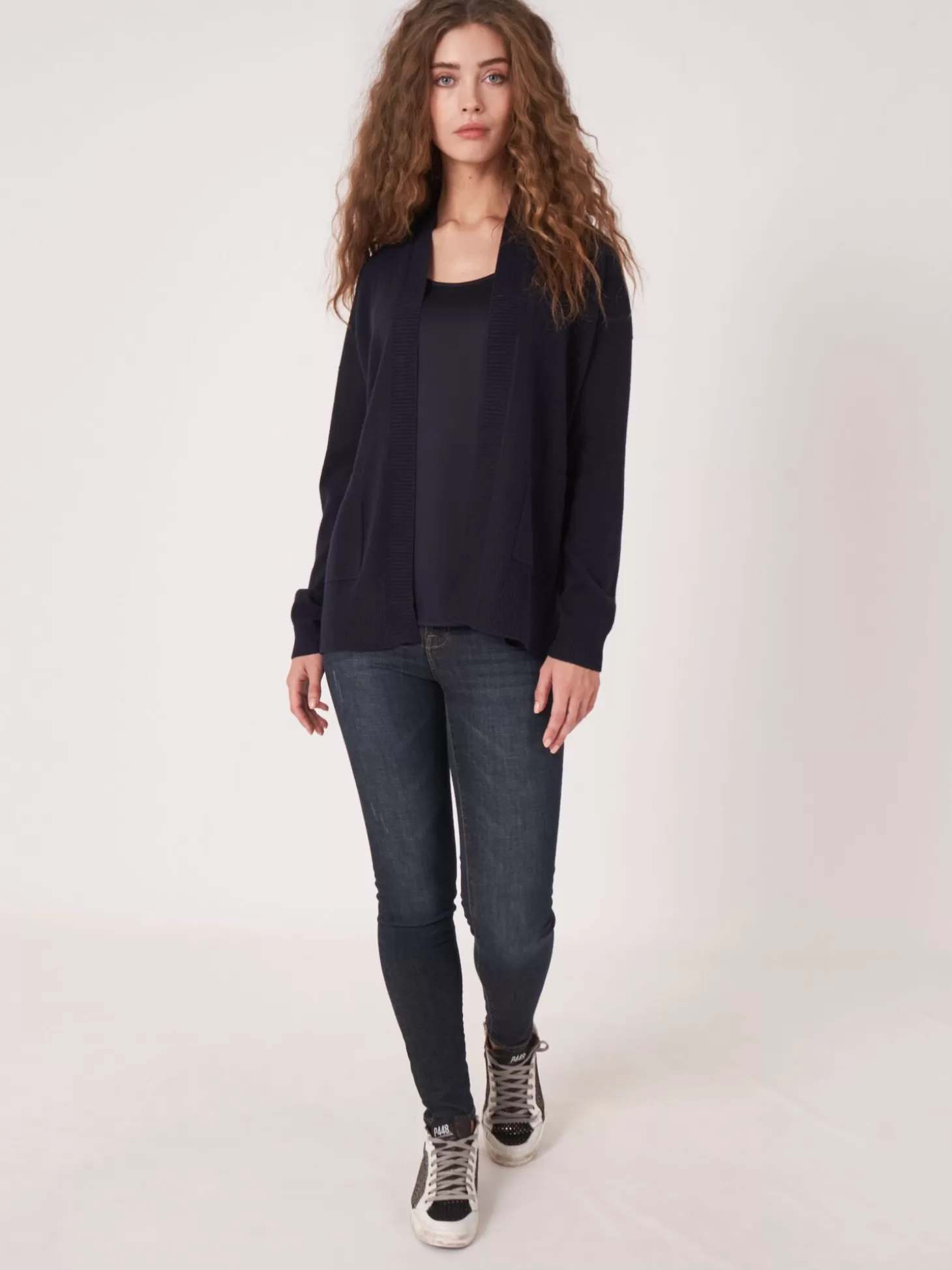 REPEAT cashmere Cardigan Ouvert En Cachemire Et Soie Melanges Avec Poches Sur Le Devant Navy Cheap