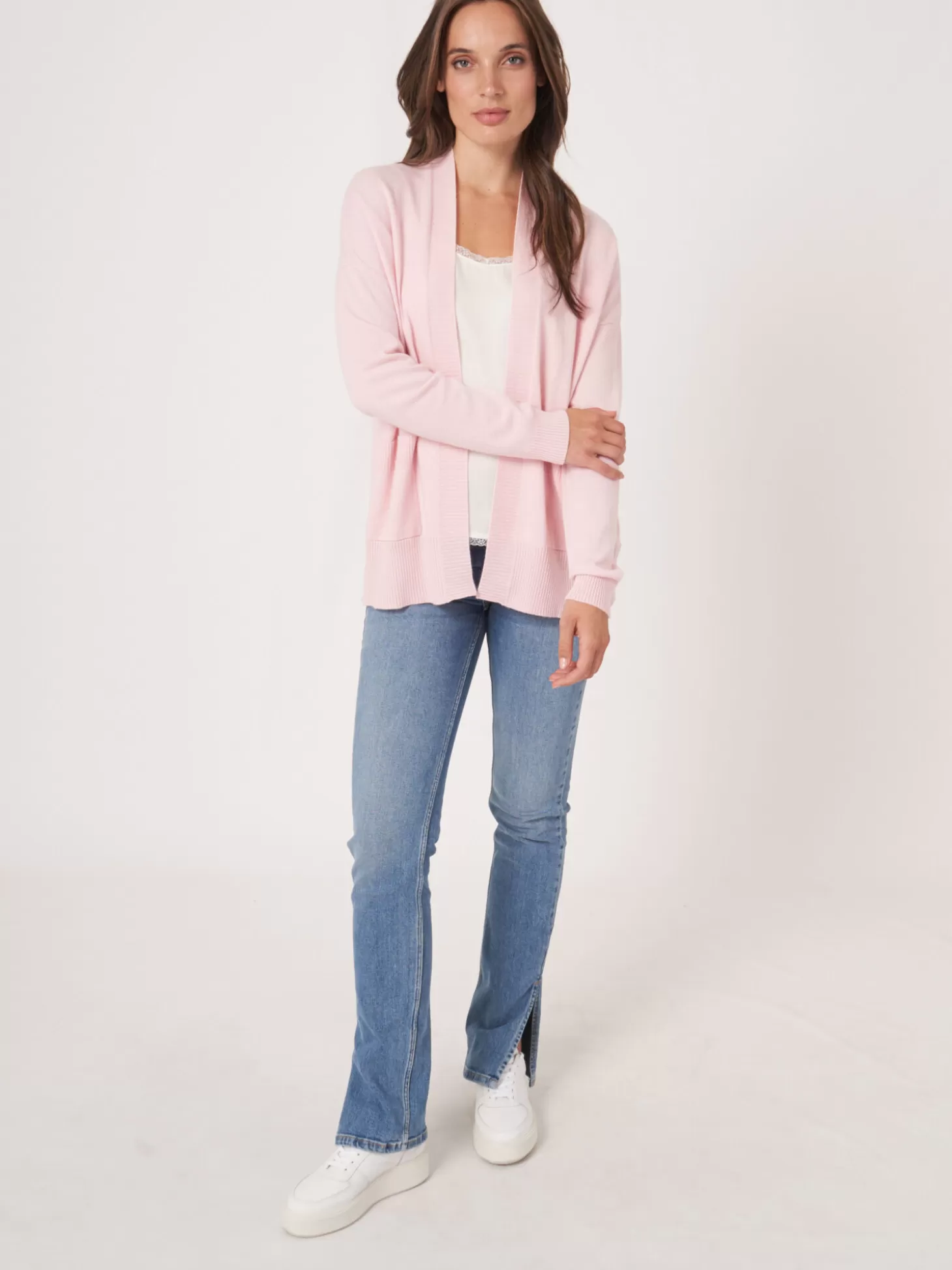 REPEAT cashmere Cardigan Ouvert En Cachemire Et Soie Melanges Avec Poches Sur Le Devant Rose Best Sale
