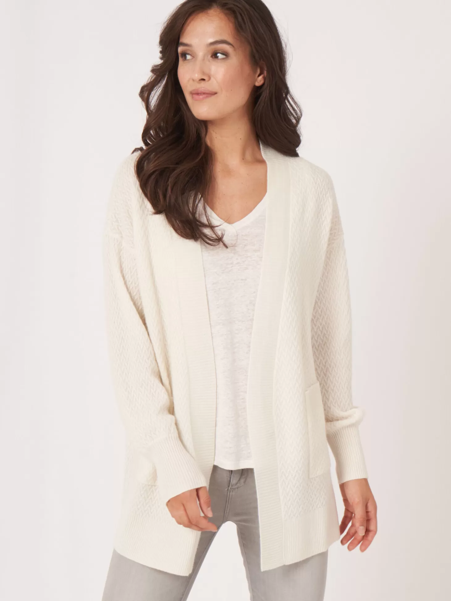 REPEAT cashmere Cardigan Ouvert En Maille Fine Torsadee En Cachemire Biologique Cream Store