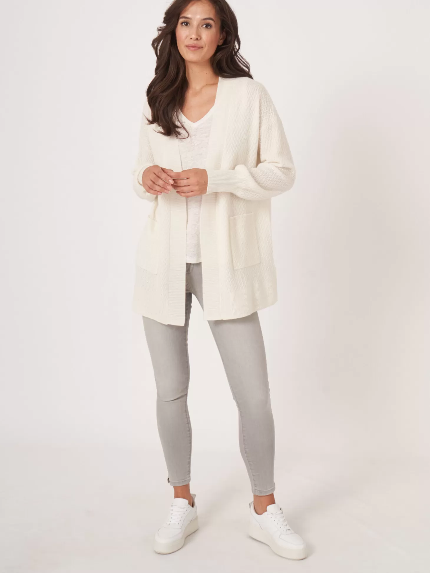 REPEAT cashmere Cardigan Ouvert En Maille Fine Torsadee En Cachemire Biologique Cream Store