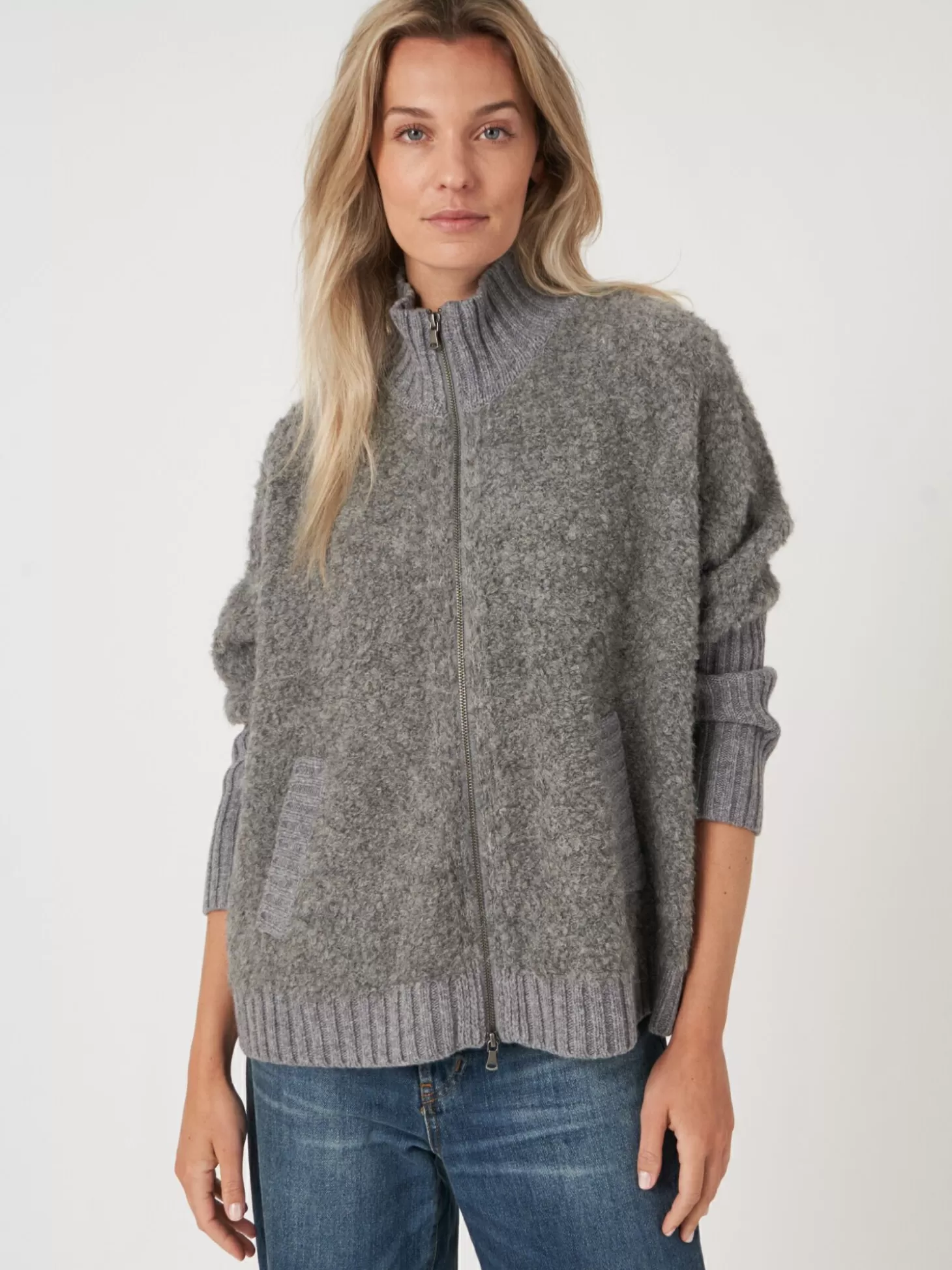 REPEAT cashmere Cardigan Zippe En Fil Italien Avec Poches Grey Online