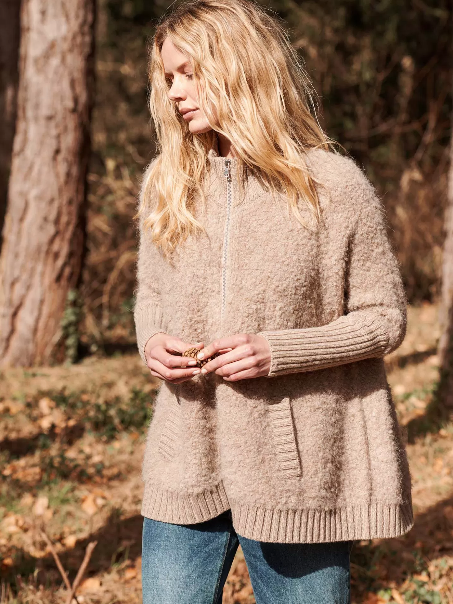 REPEAT cashmere Cardigan Zippe En Fil Italien Avec Poches Beige Fashion