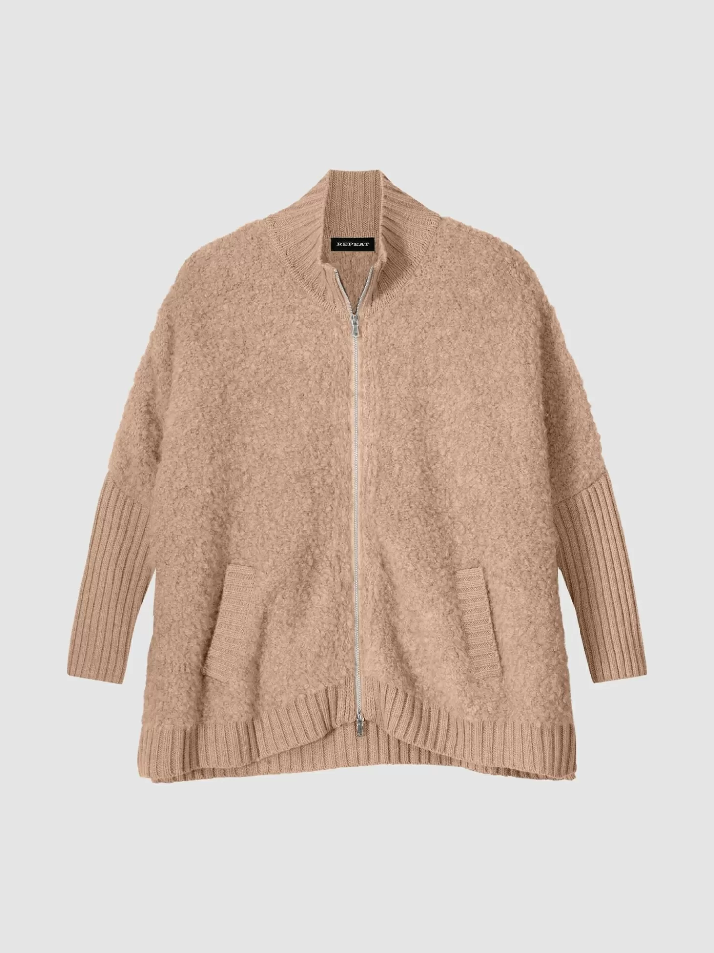 REPEAT cashmere Cardigan Zippe En Fil Italien Avec Poches Beige Fashion