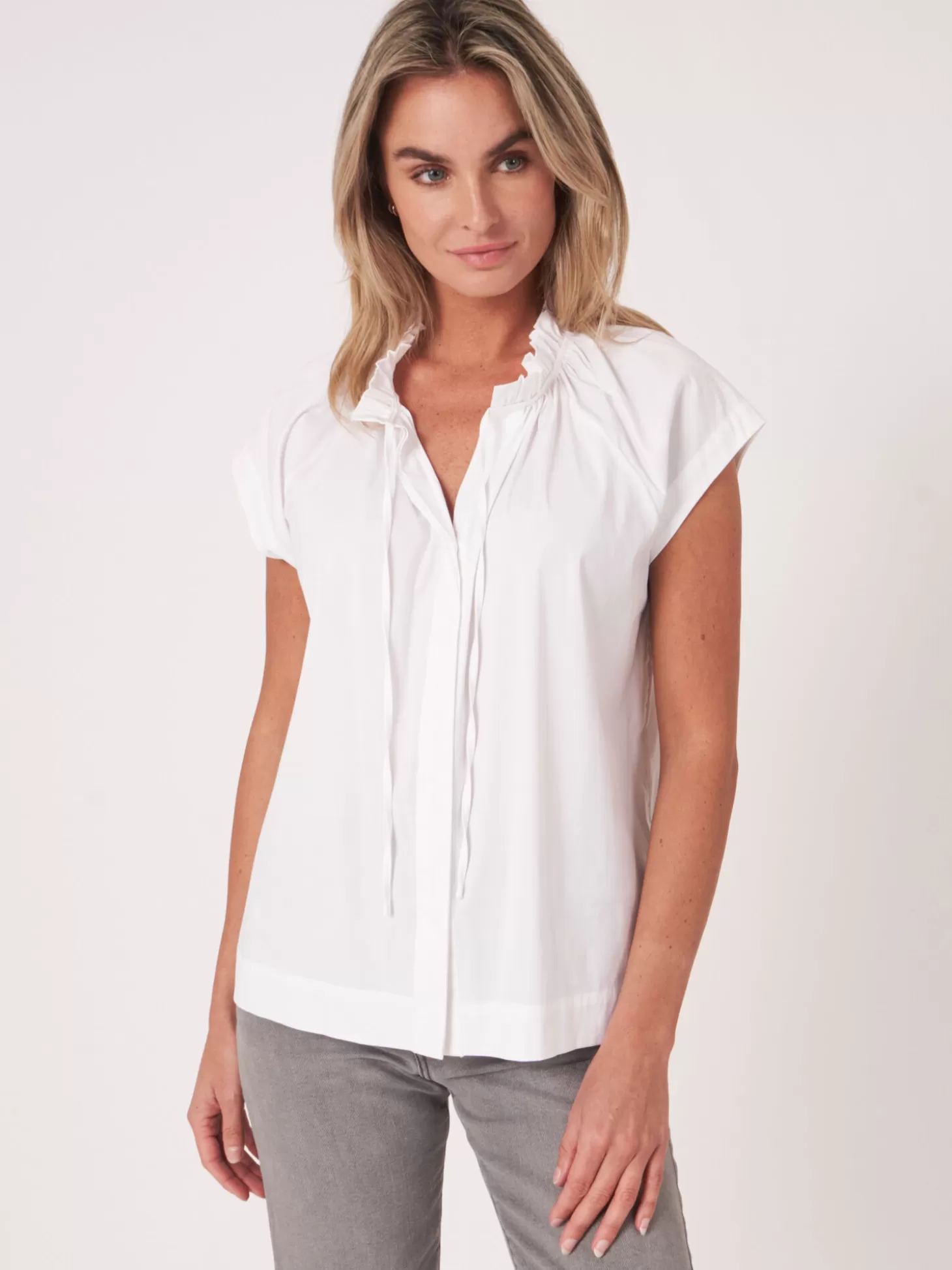 REPEAT cashmere Chemisier A Encolure Froncee Avec Cordon De Serrage White Outlet