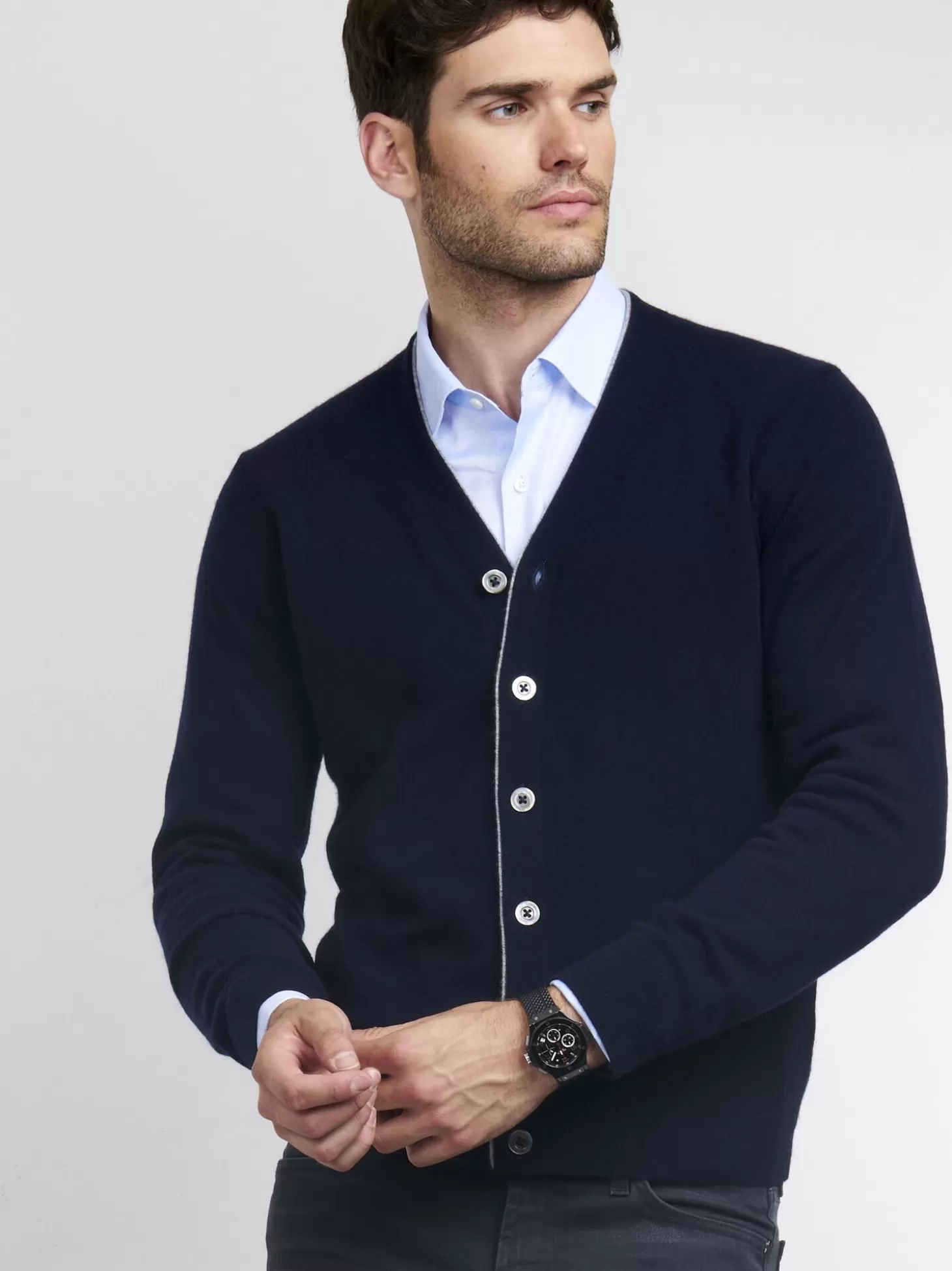 REPEAT cashmere Gilet Homme A Col V En Cachemire Navy/Lt Grey Best