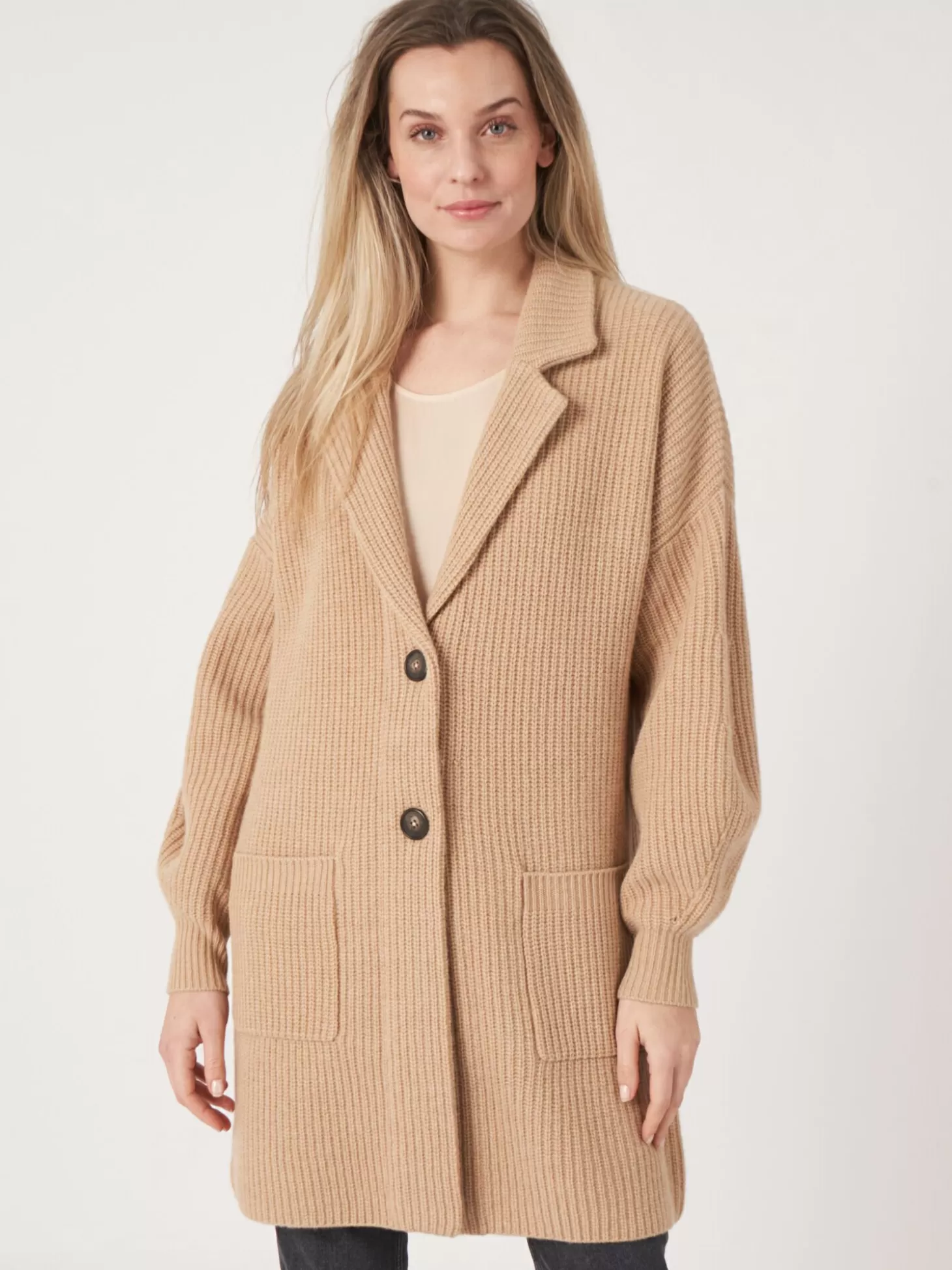 REPEAT cashmere Gilet Mi-Long Cotele Avec Col A Revers Lt.Camel Clearance