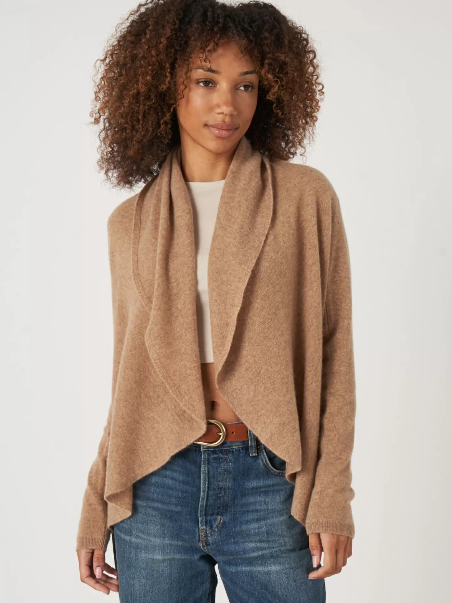 REPEAT cashmere Gilet Ouvert A Col Chale En Cachemire Biologique Camel Discount