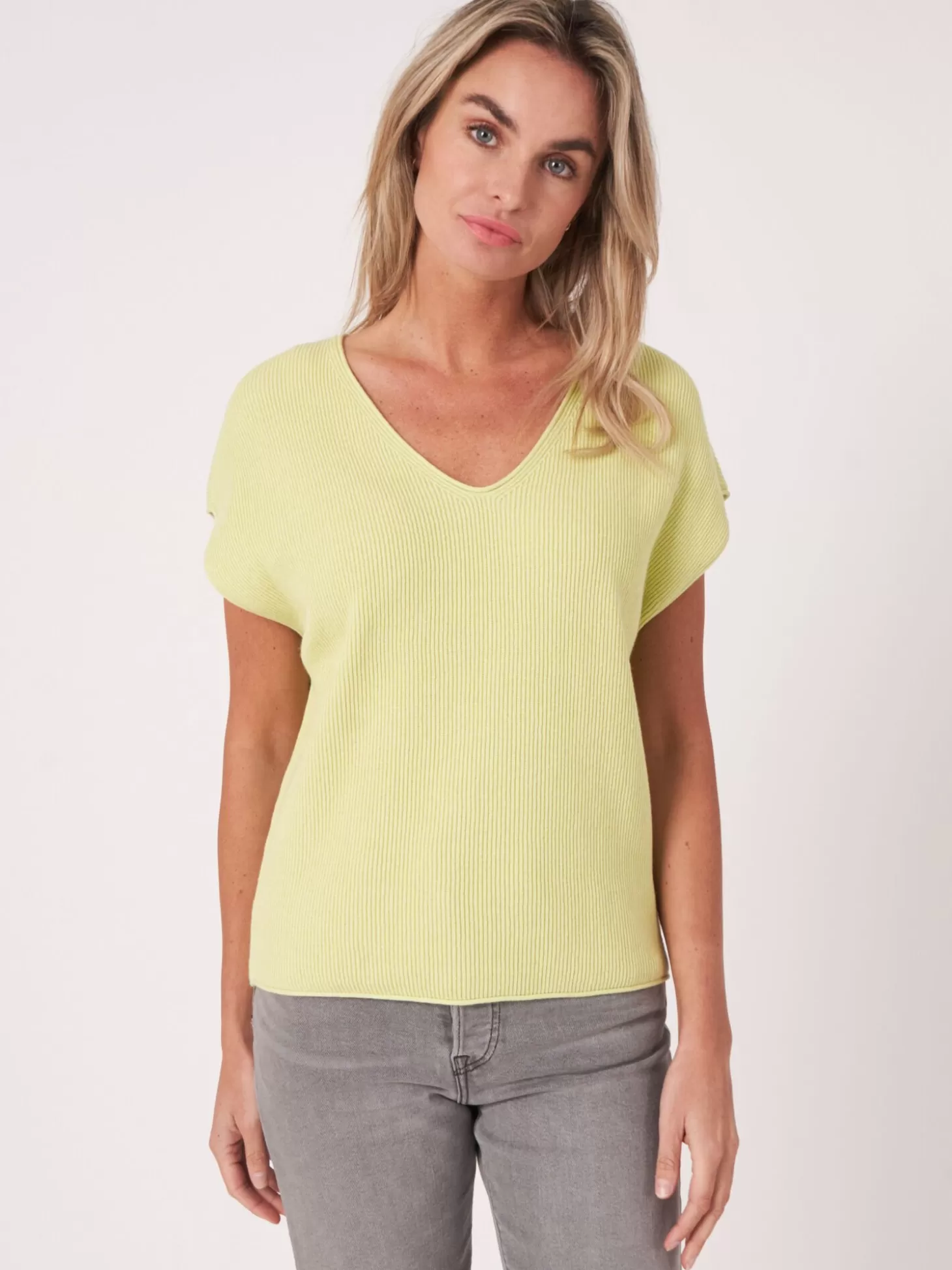REPEAT cashmere Haut Tricote A Col En V En Melange Coton Cachemire Soda Fashion