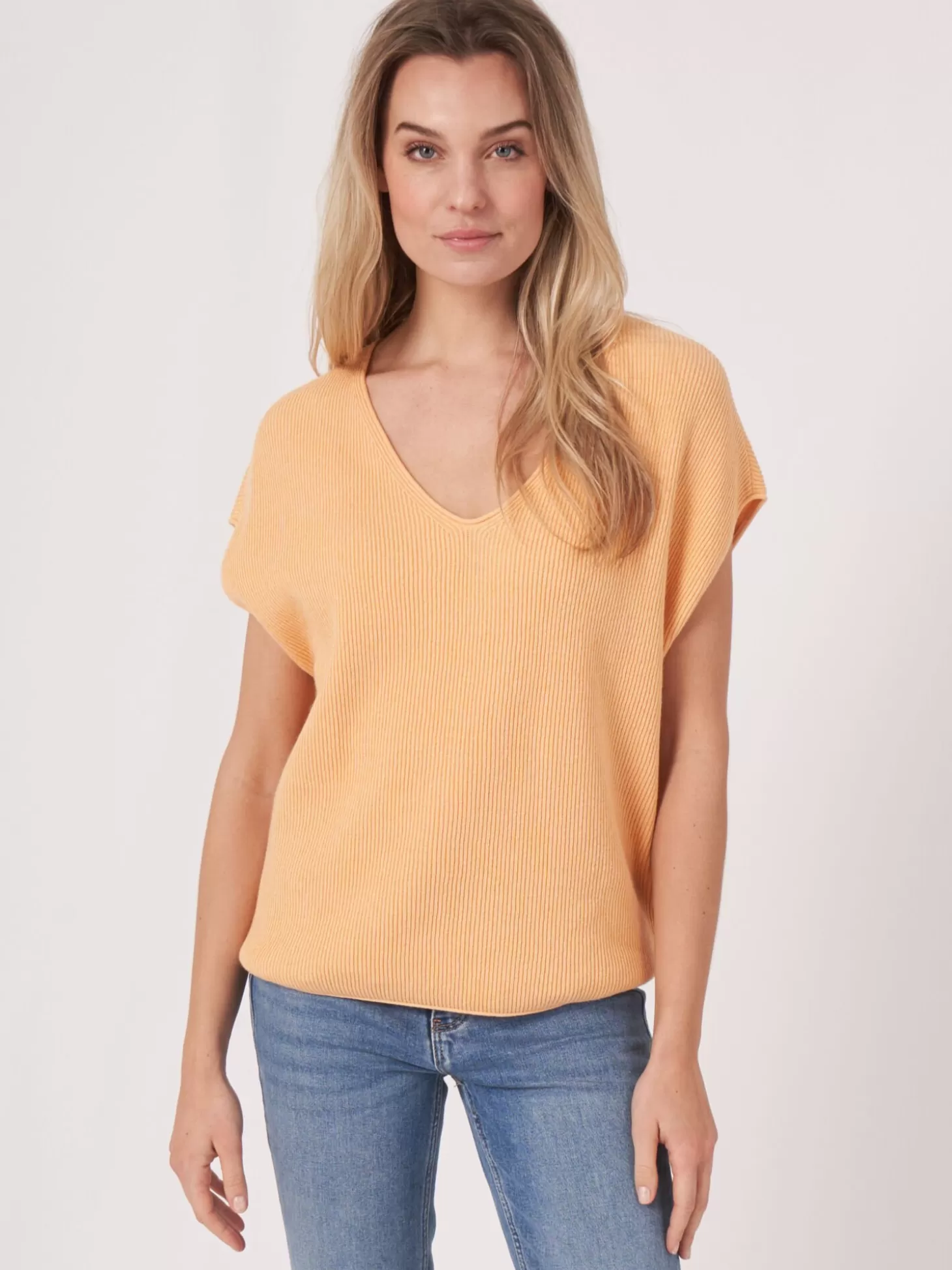REPEAT cashmere Haut Tricote A Col En V En Melange Coton Cachemire Glow Discount