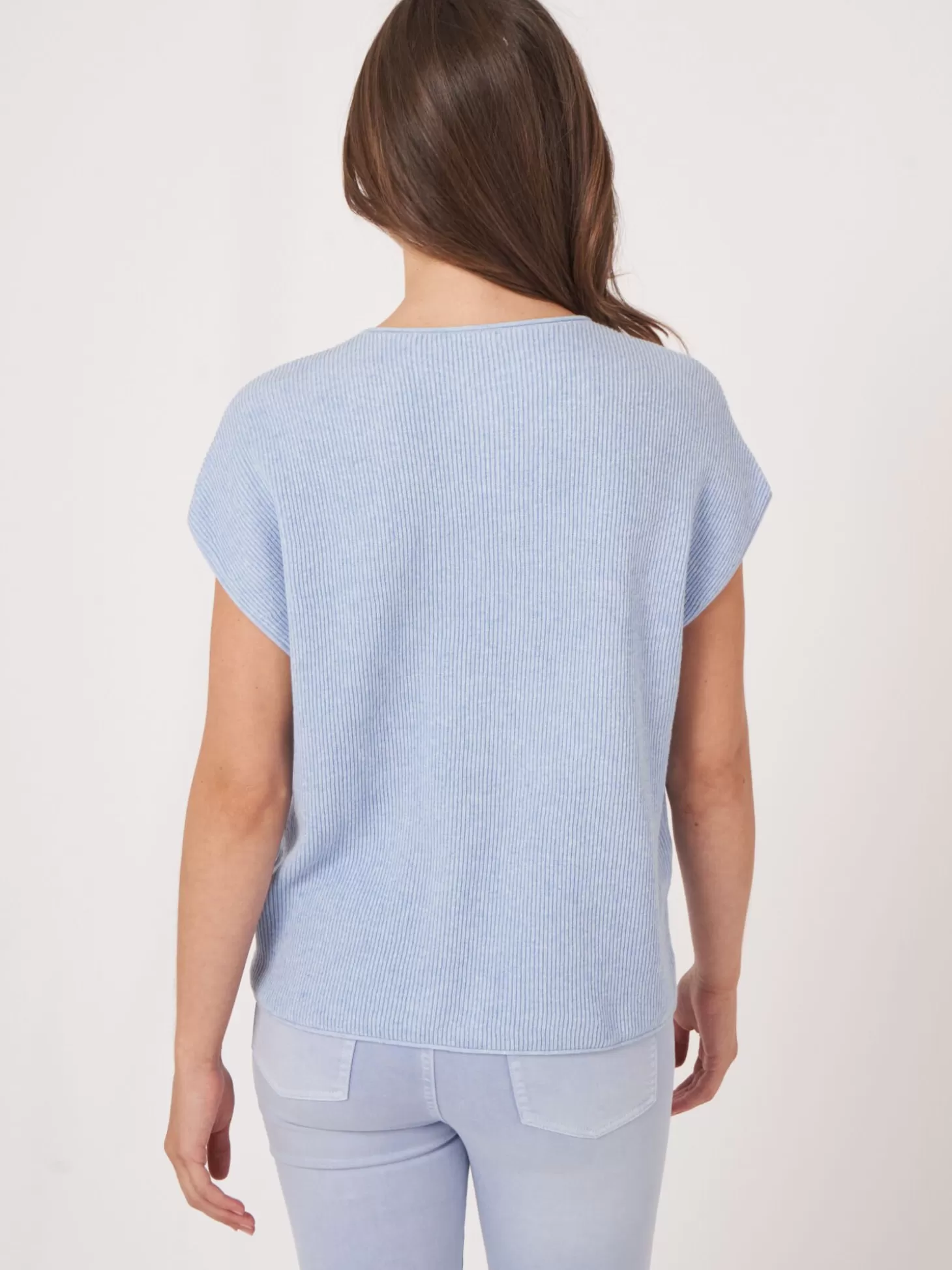REPEAT cashmere Haut Tricote A Col En V En Melange Coton Cachemire Sky Cheap
