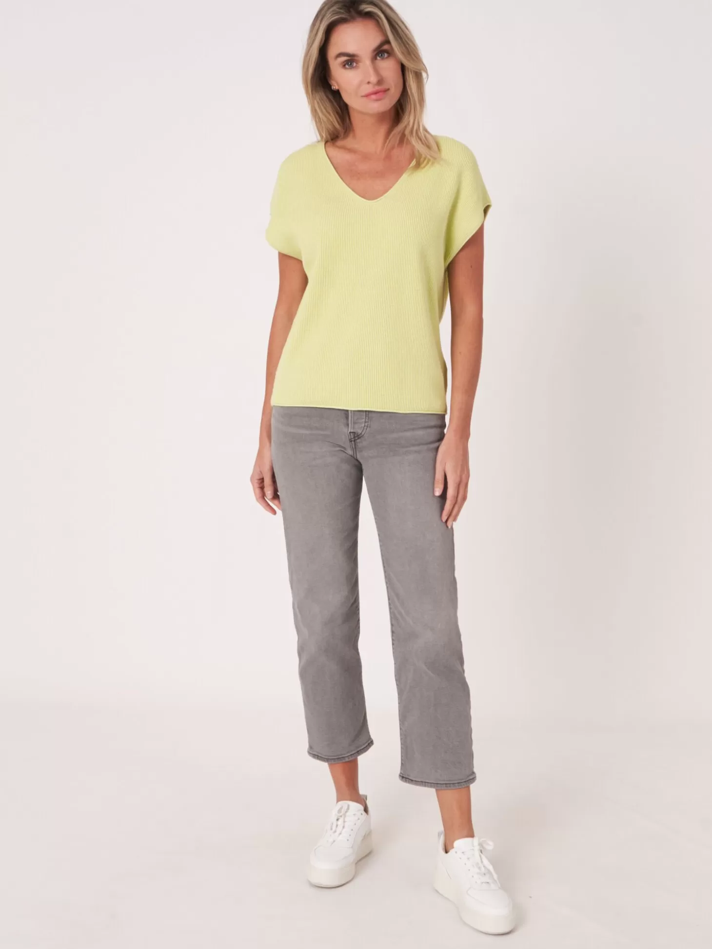 REPEAT cashmere Haut Tricote A Col En V En Melange Coton Cachemire Soda Fashion