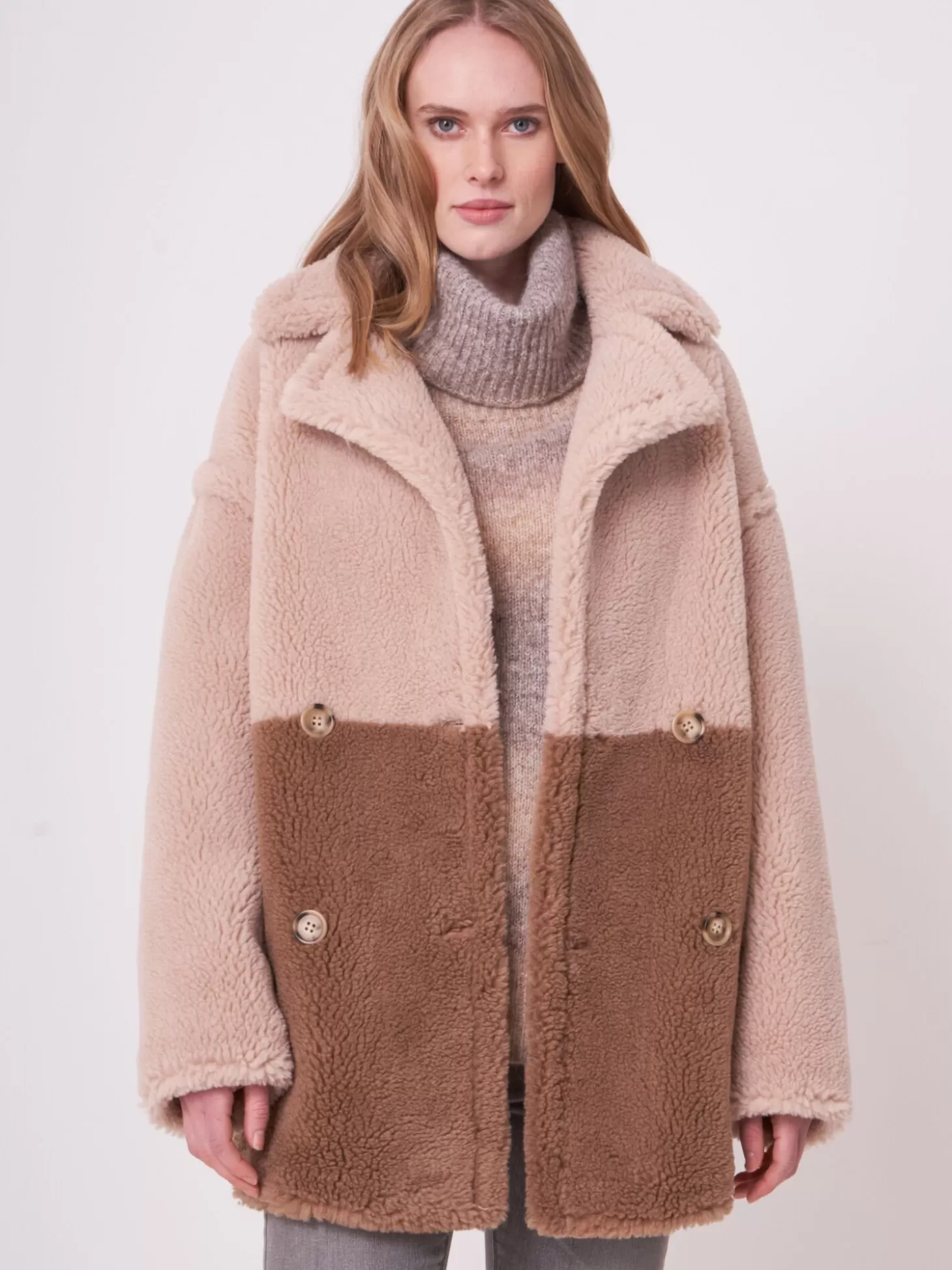 REPEAT cashmere Manteau Faux Shearling Bicolore Blush/Camel Cheap