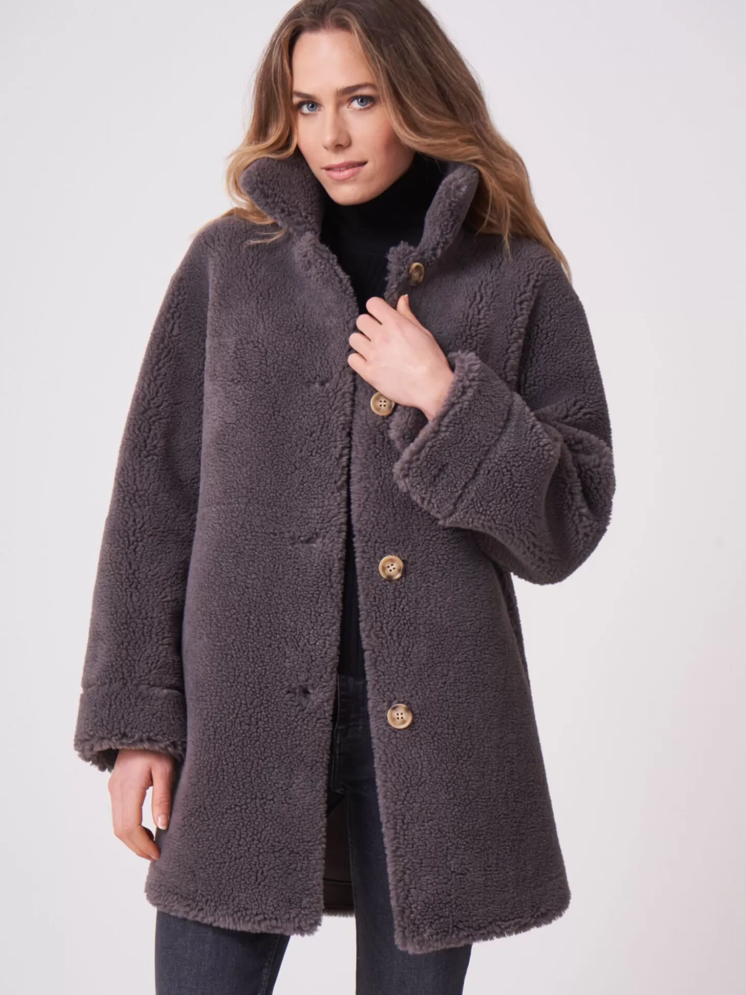 REPEAT cashmere Manteau Faux Shearling Mi-Long Et Reversible Ash Best Sale