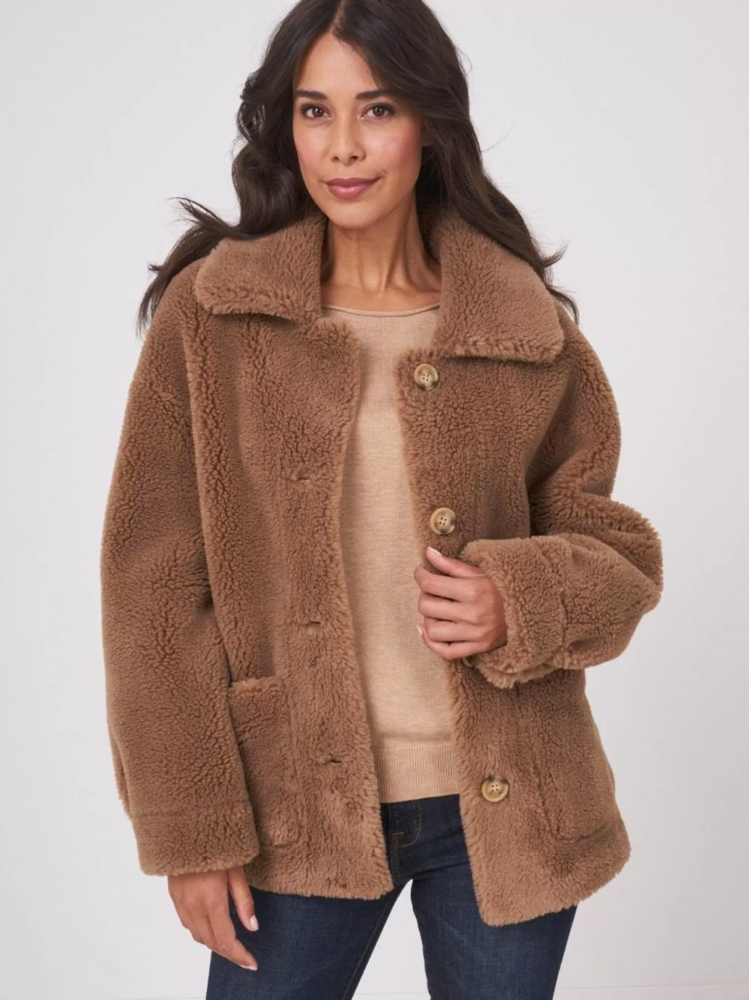 REPEAT cashmere Manteau Faux Shearling Reversible Camel Fashion