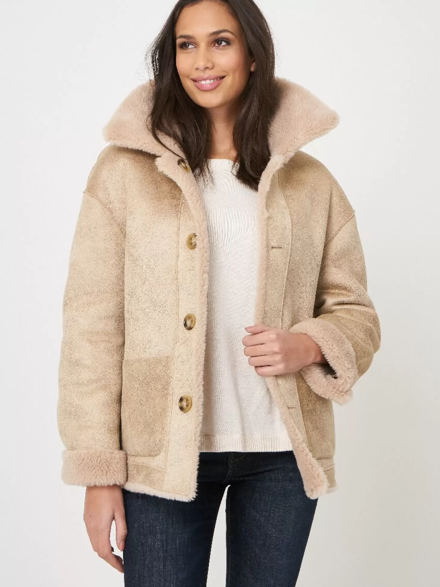 REPEAT cashmere Manteau Faux Shearling Reversible Blush Best