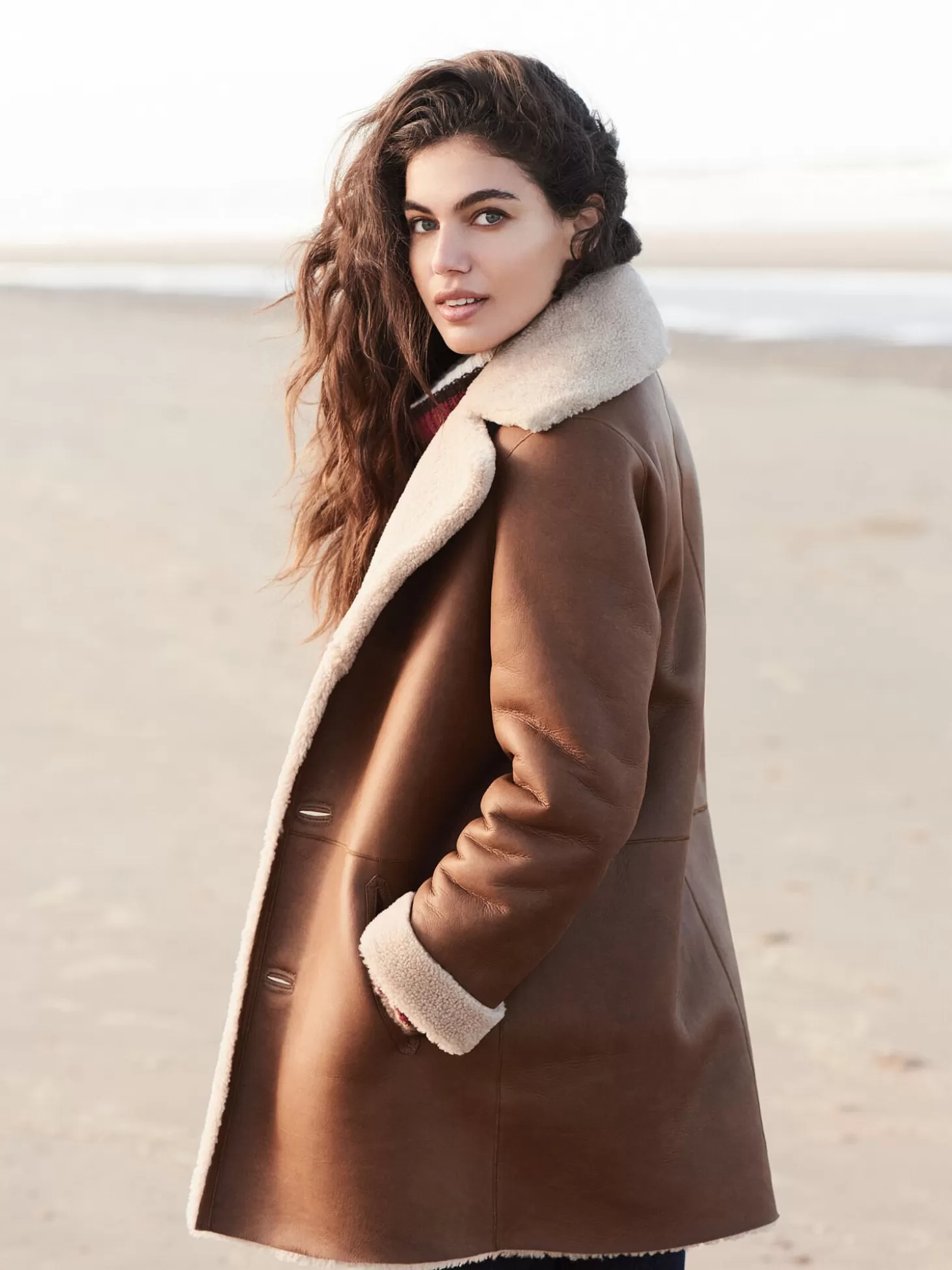 REPEAT cashmere Manteau Reversible En Shearling Pecan Flash Sale