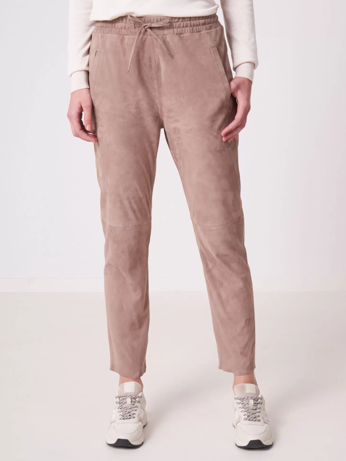 REPEAT cashmere Pantalon En Cuir Velours Avec Taille Elastique Taupe Clearance