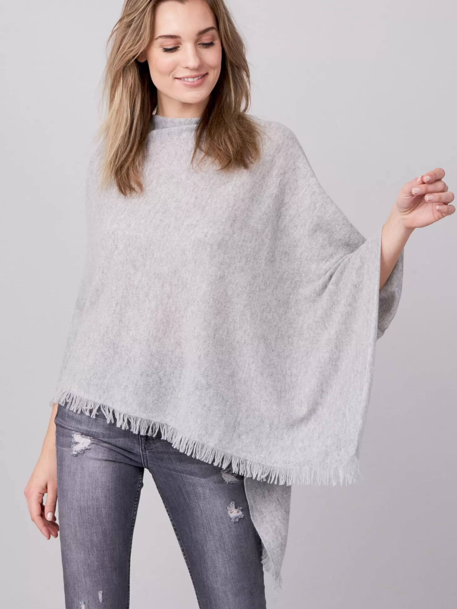 REPEAT cashmere Poncho Asymetrique A Frange En Cachemire Biologique Silver Grey Hot