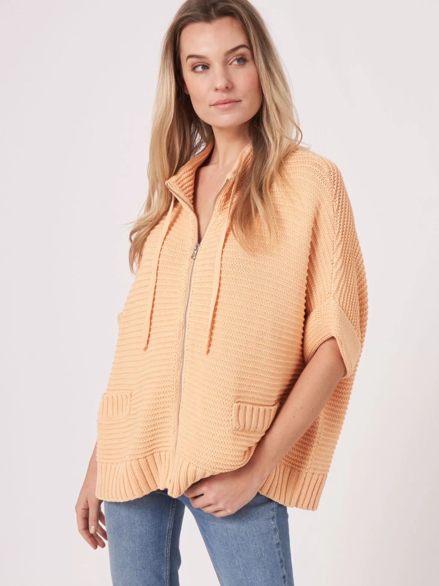 REPEAT cashmere Poncho En Grosse Maille Cotelee Avec Fermeture Eclair Glow Sale