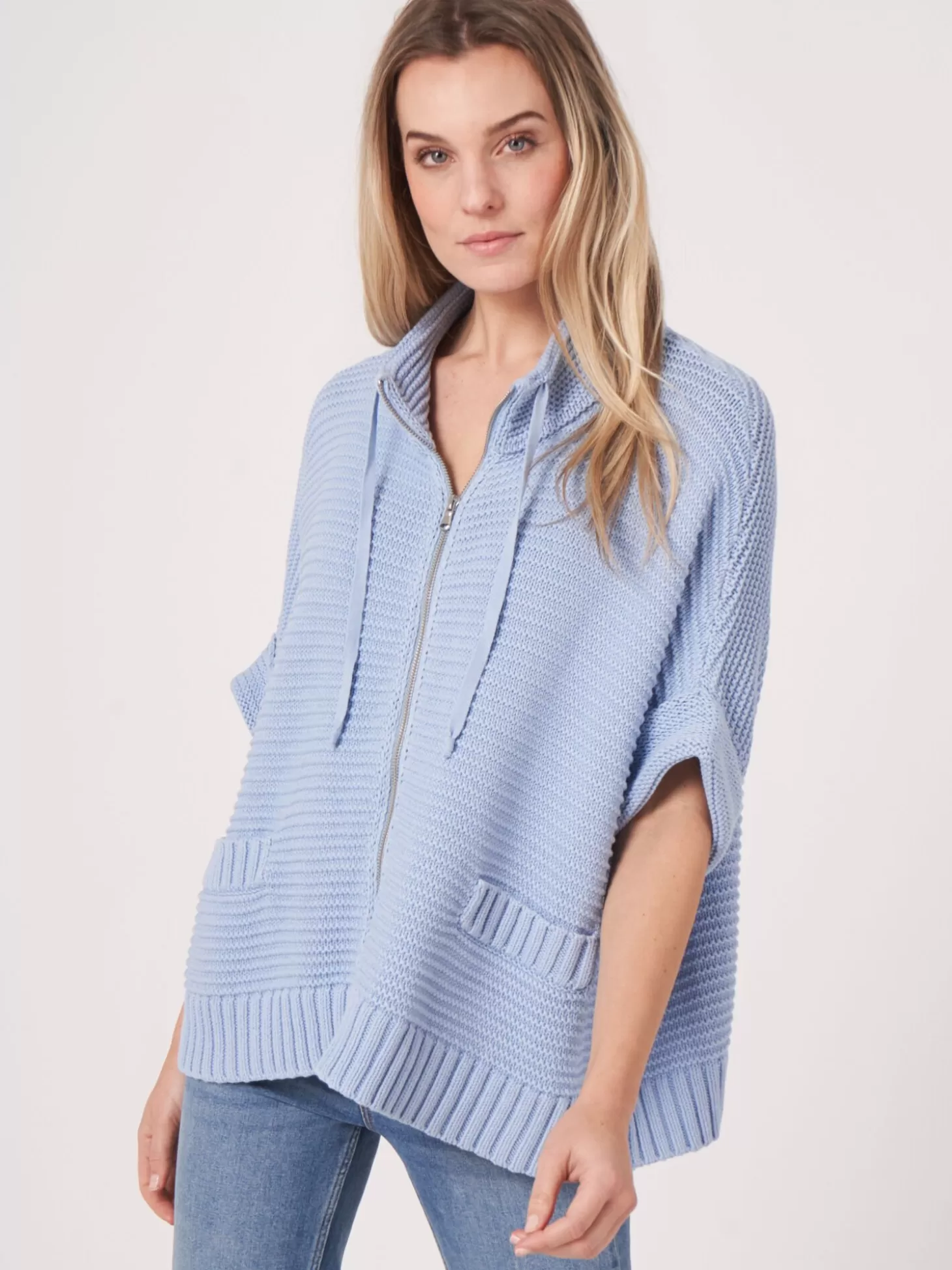 REPEAT cashmere Poncho En Grosse Maille Cotelee Avec Fermeture Eclair Lt Blue Store