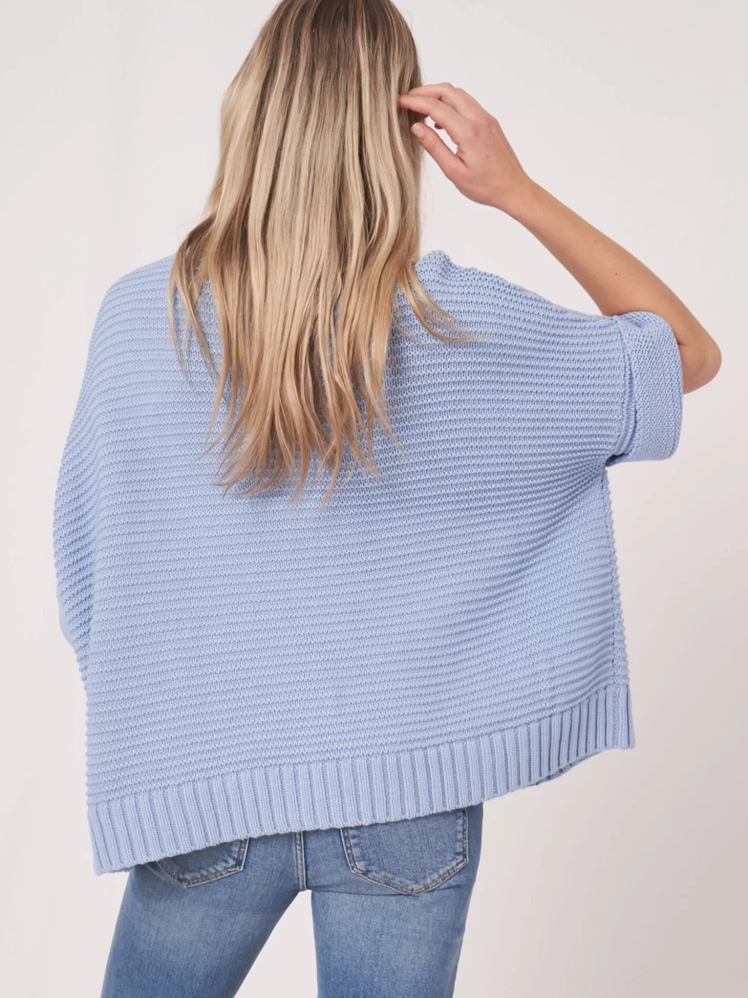 REPEAT cashmere Poncho En Grosse Maille Cotelee Avec Fermeture Eclair Lt Blue Store