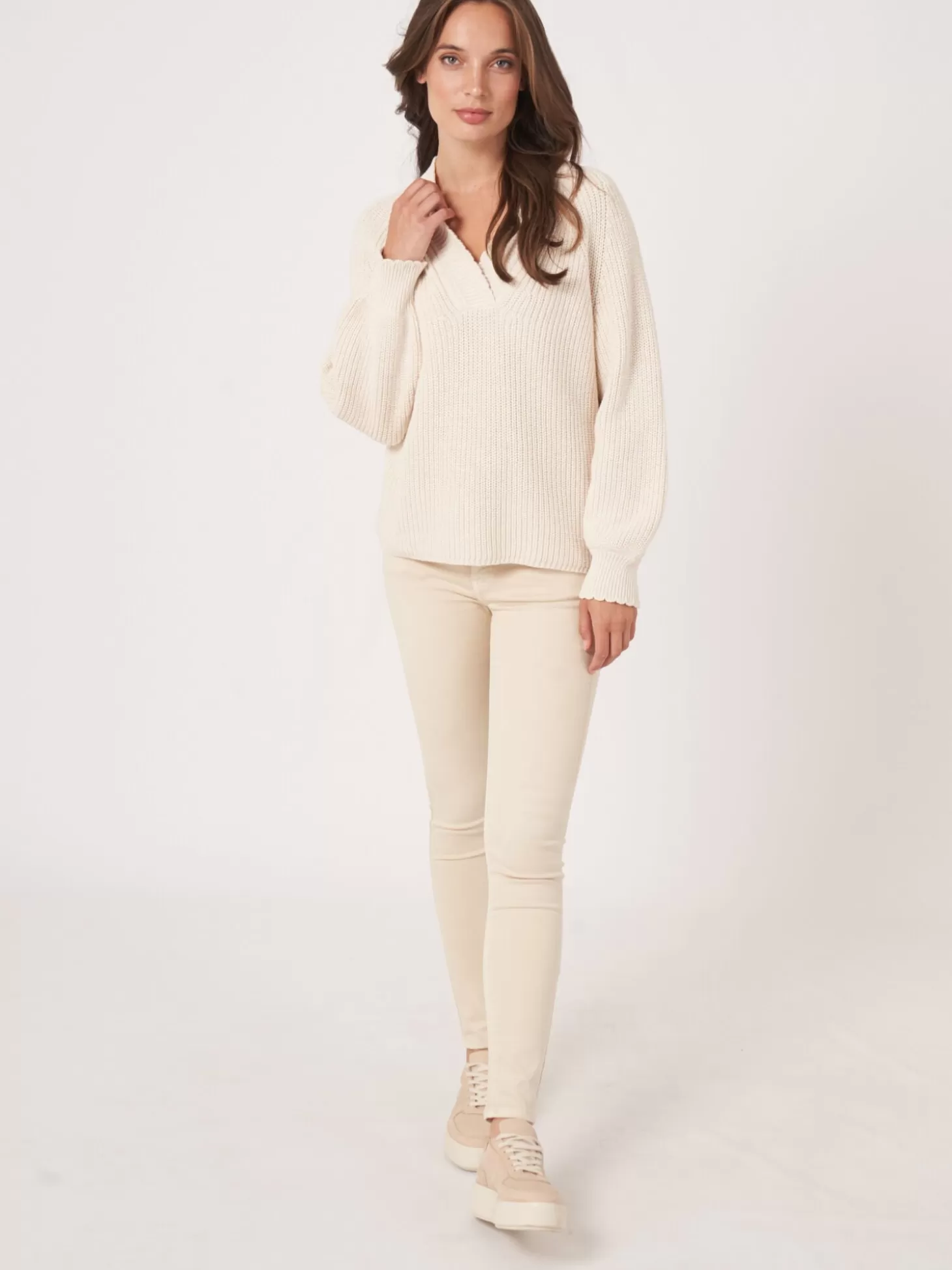 REPEAT cashmere Pull A Col En V Cotele Avec Bord Festonne Ivory Best Sale