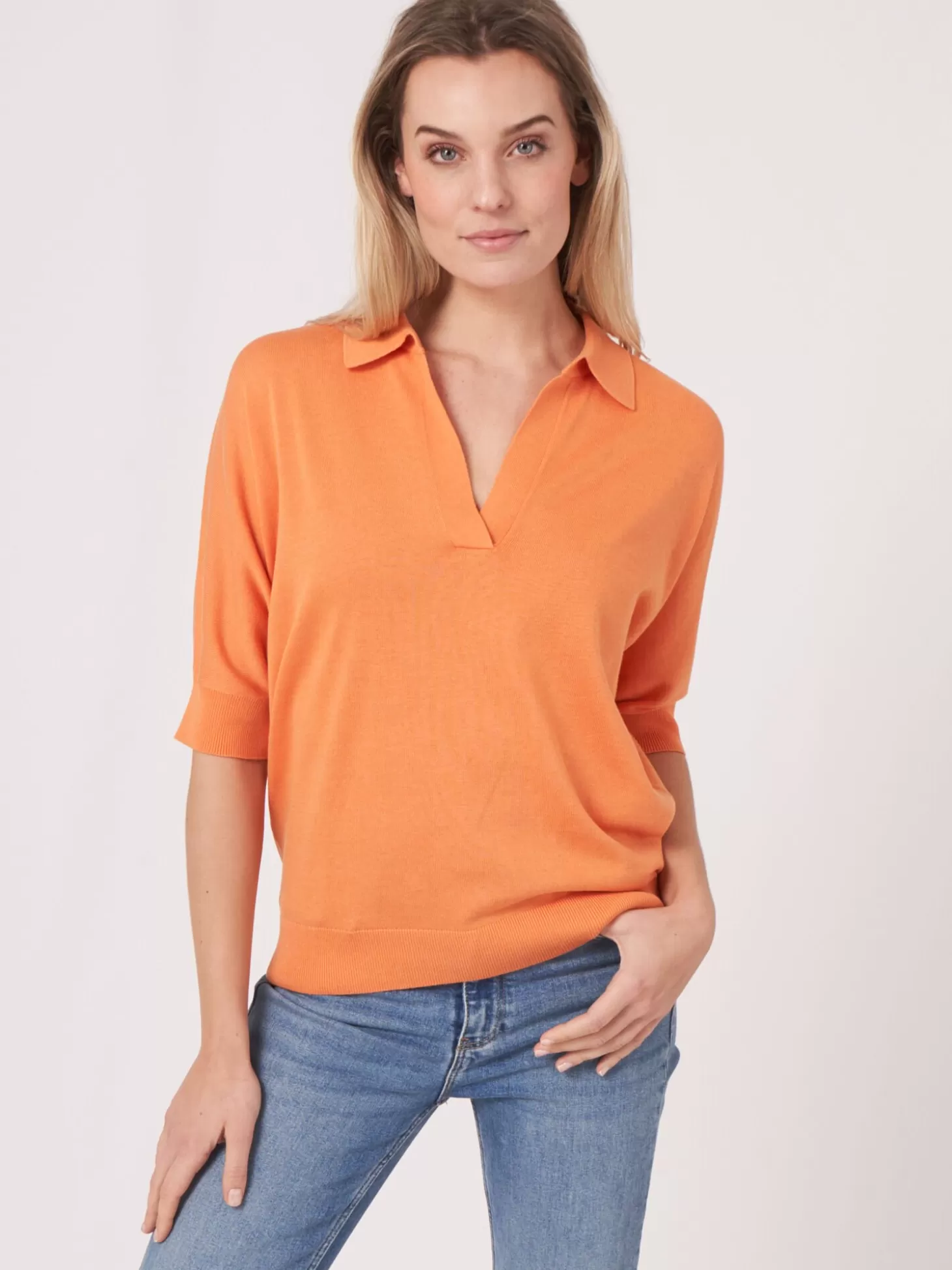 REPEAT cashmere Pull A Col Polo En Coton Melange Papaya Store