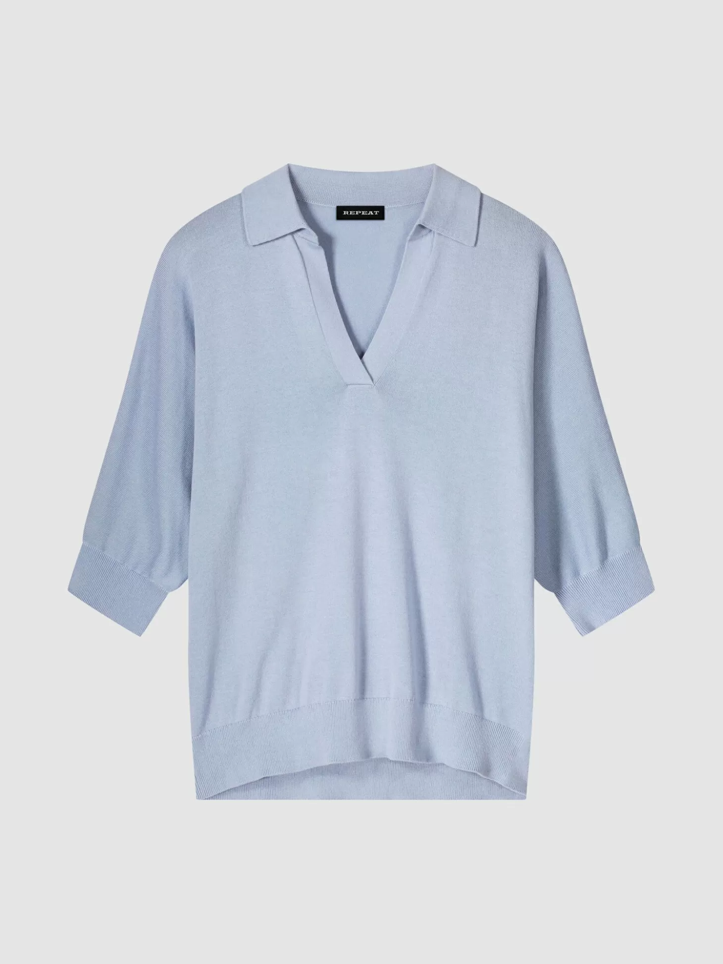 REPEAT cashmere Pull A Col Polo En Coton Melange Lt Blue Cheap