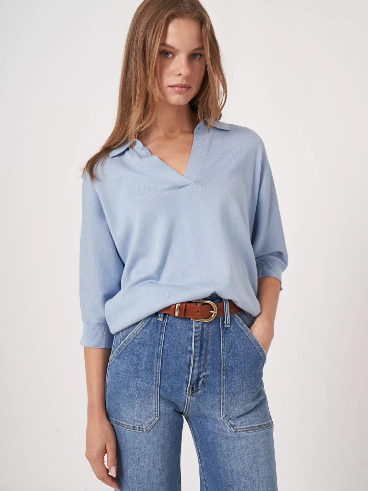 REPEAT cashmere Pull A Col Polo En Coton Melange Lt Blue Cheap