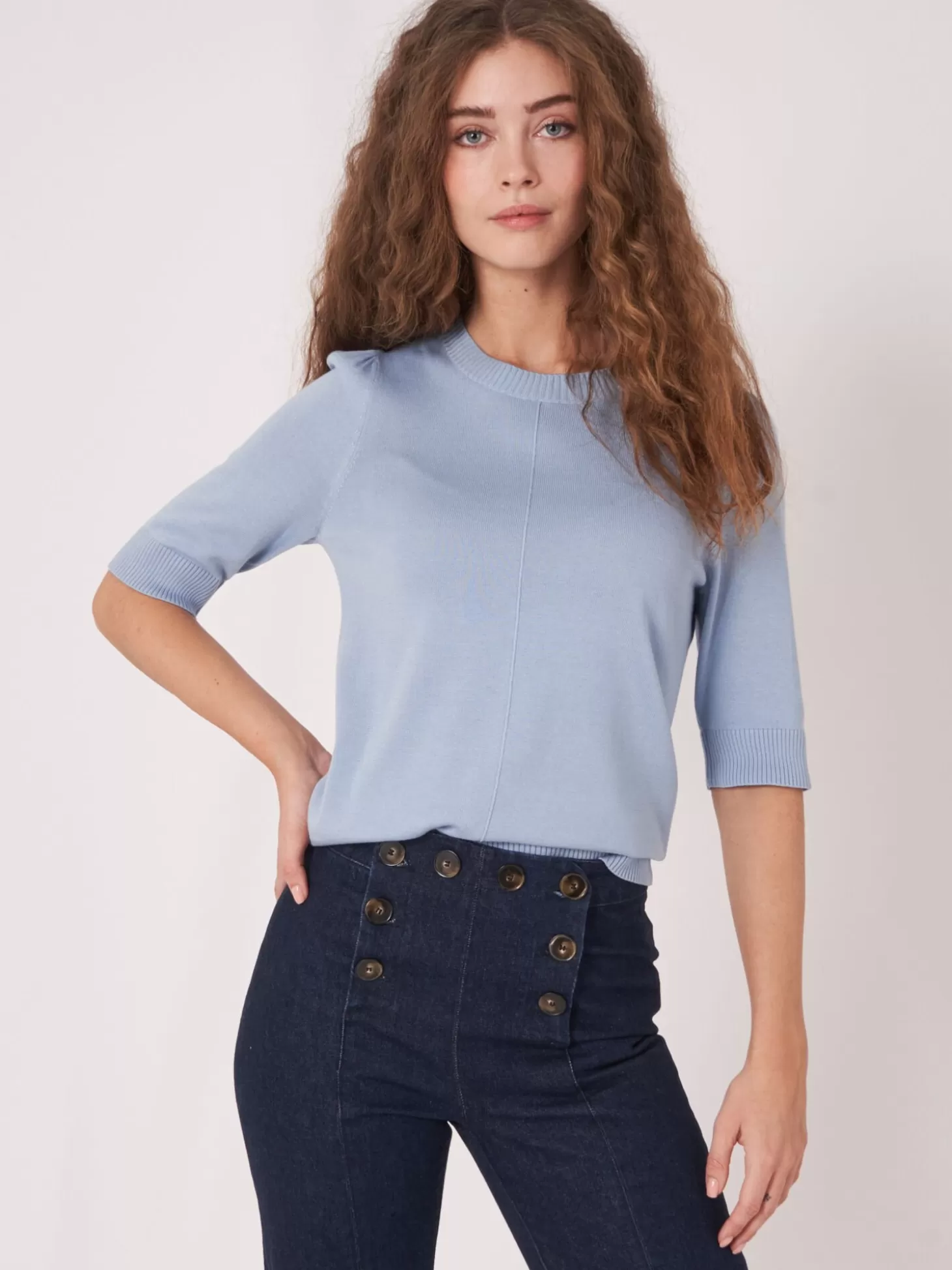 REPEAT cashmere Pull A Manches Courtes En Coton Melange Lt Blue Hot