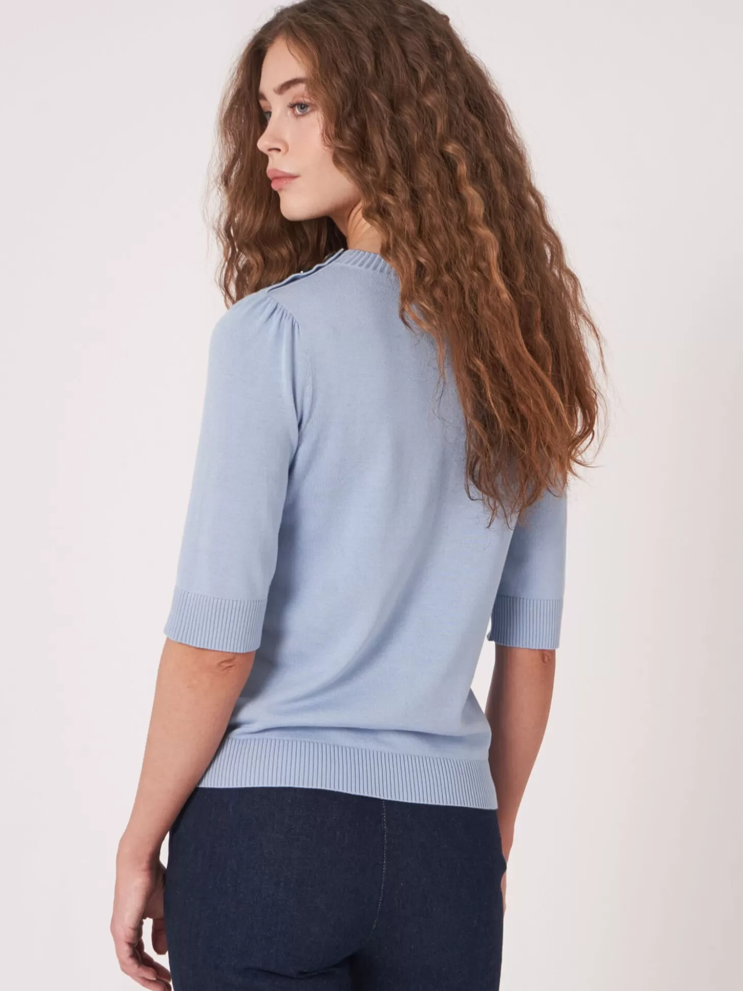 REPEAT cashmere Pull A Manches Courtes En Coton Melange Lt Blue Hot