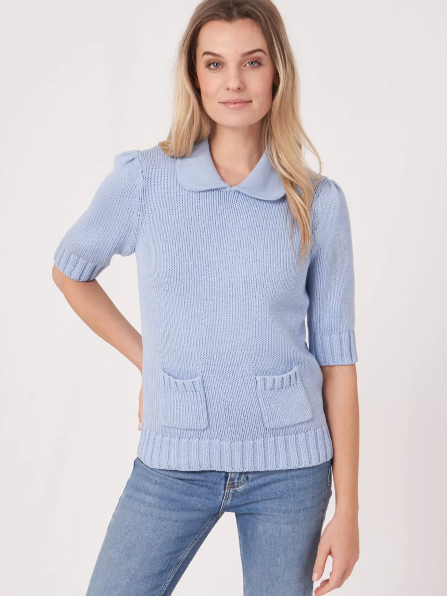 REPEAT cashmere Pull A Manches Courtes En Maille Epaisse A Cotes Lt Blue Hot