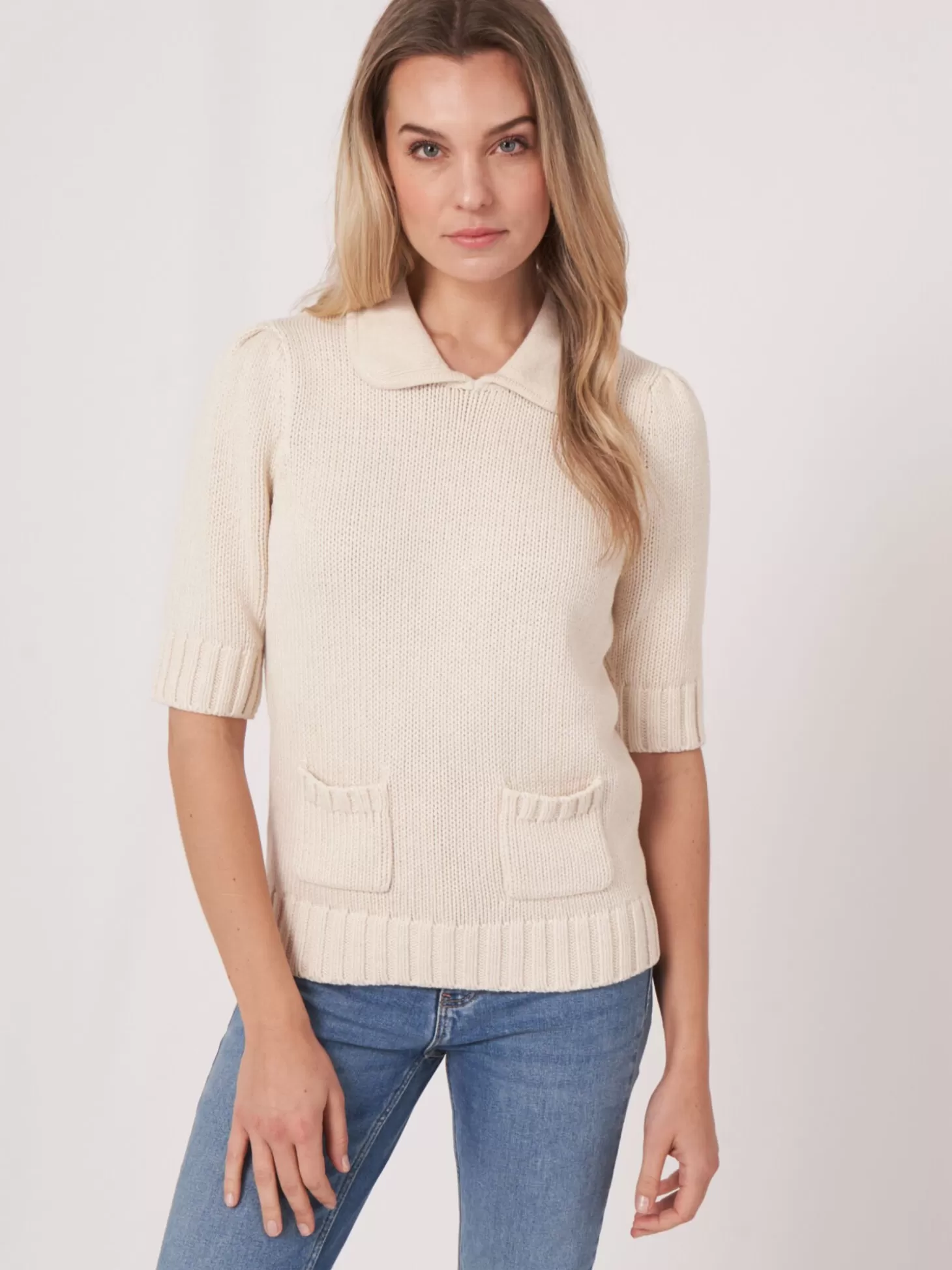 REPEAT cashmere Pull A Manches Courtes En Maille Epaisse A Cotes Ivory Best